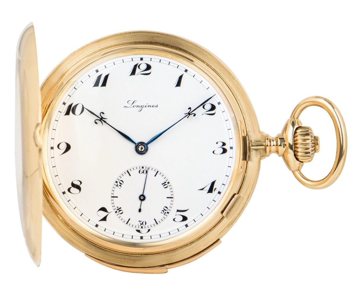 Longines 18ct yellow gold full hunter minute repeater pocket watch, C1920s.

Dial: A beautiful signed white enamel dial with Arabic numerals and a subsidiary seconds dial with unusual blued steel Fleur-de- Lis hands.

Case: The heavy slim yellow