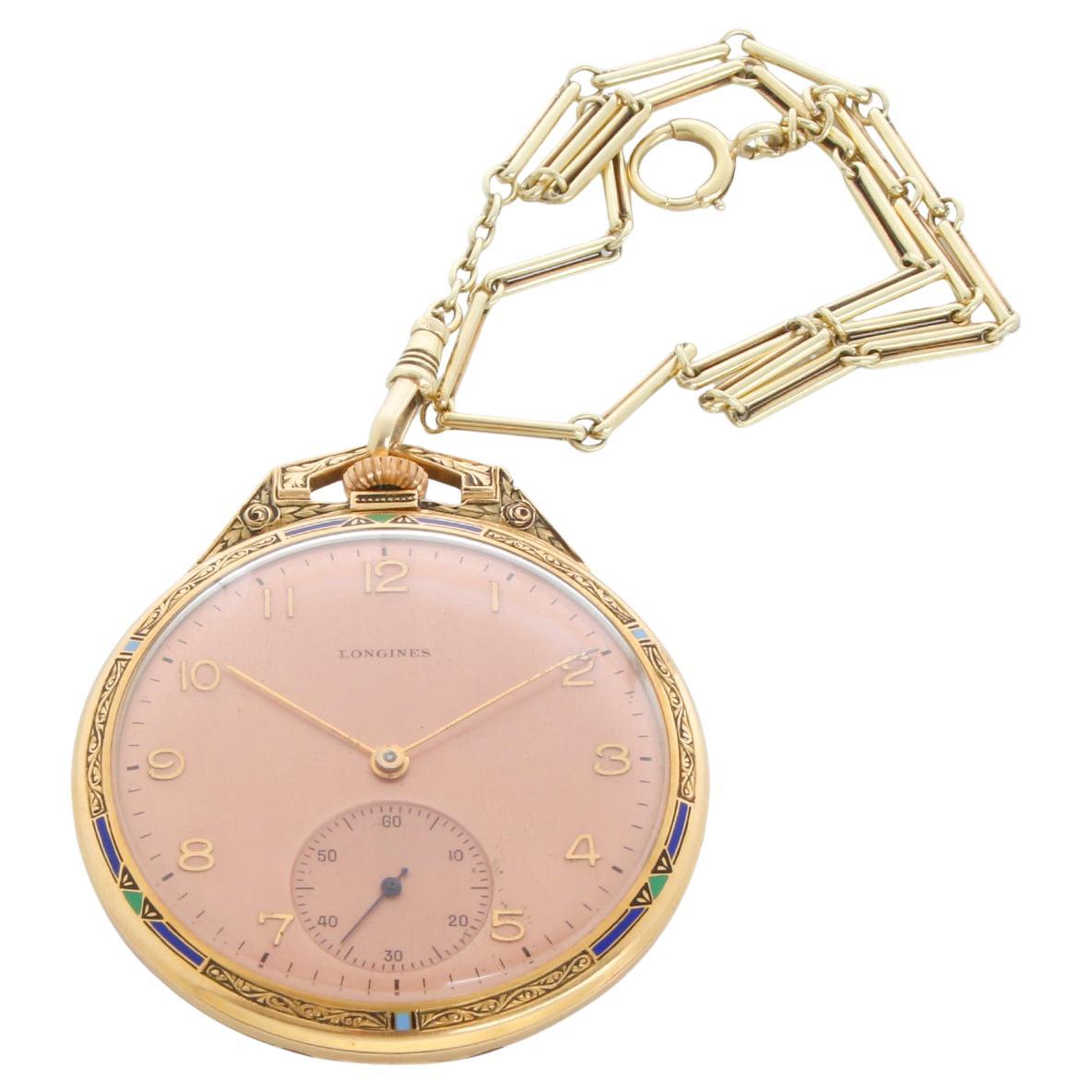 Reloj de bolsillo Art Déco Longines de oro de 18 quilates con esmalte verde, azul y negro y cadena en venta