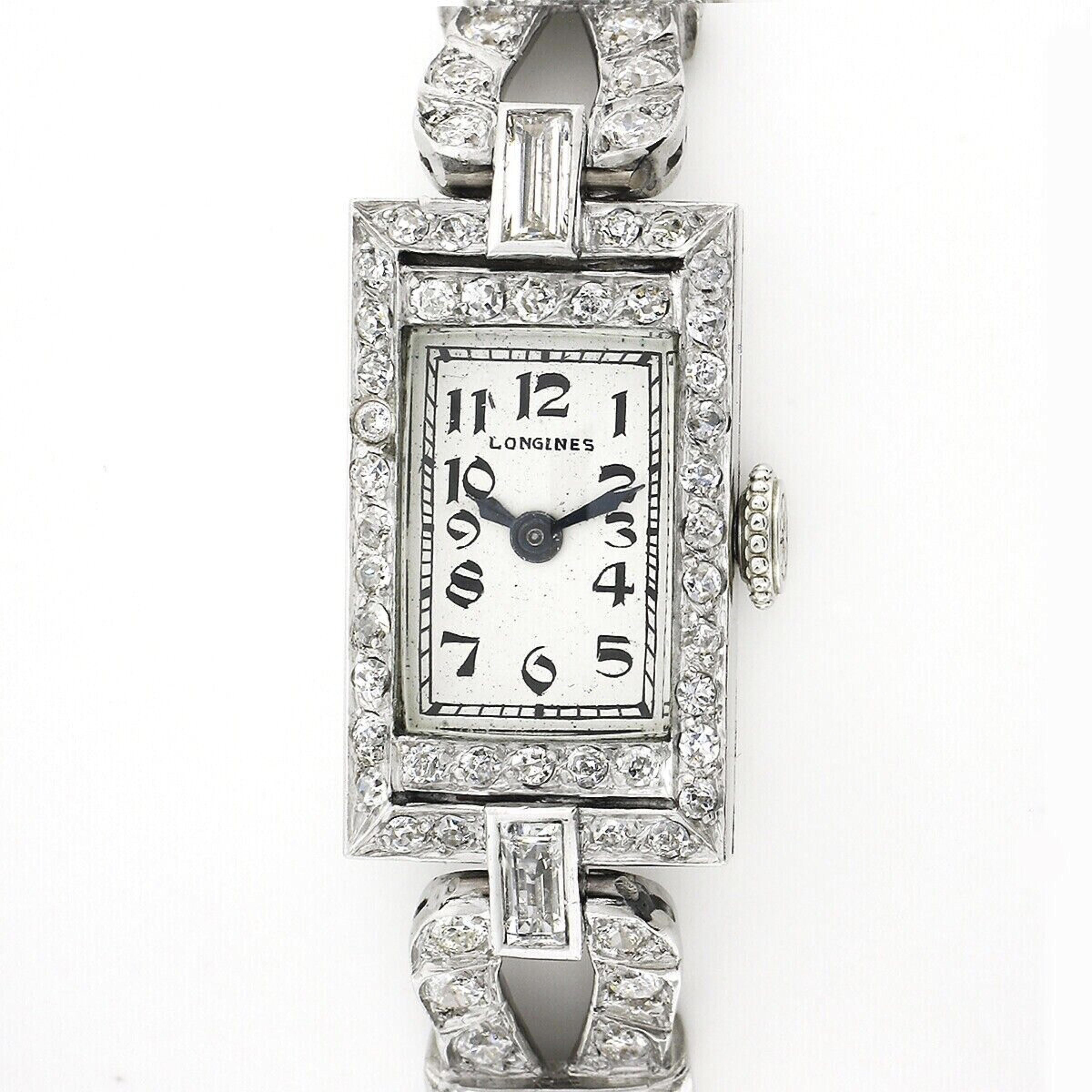 Art déco Longines Montre-bracelet habillée fantaisie en or blanc 18 carats avec diamants 5,05 carats pour femmes 745 en vente