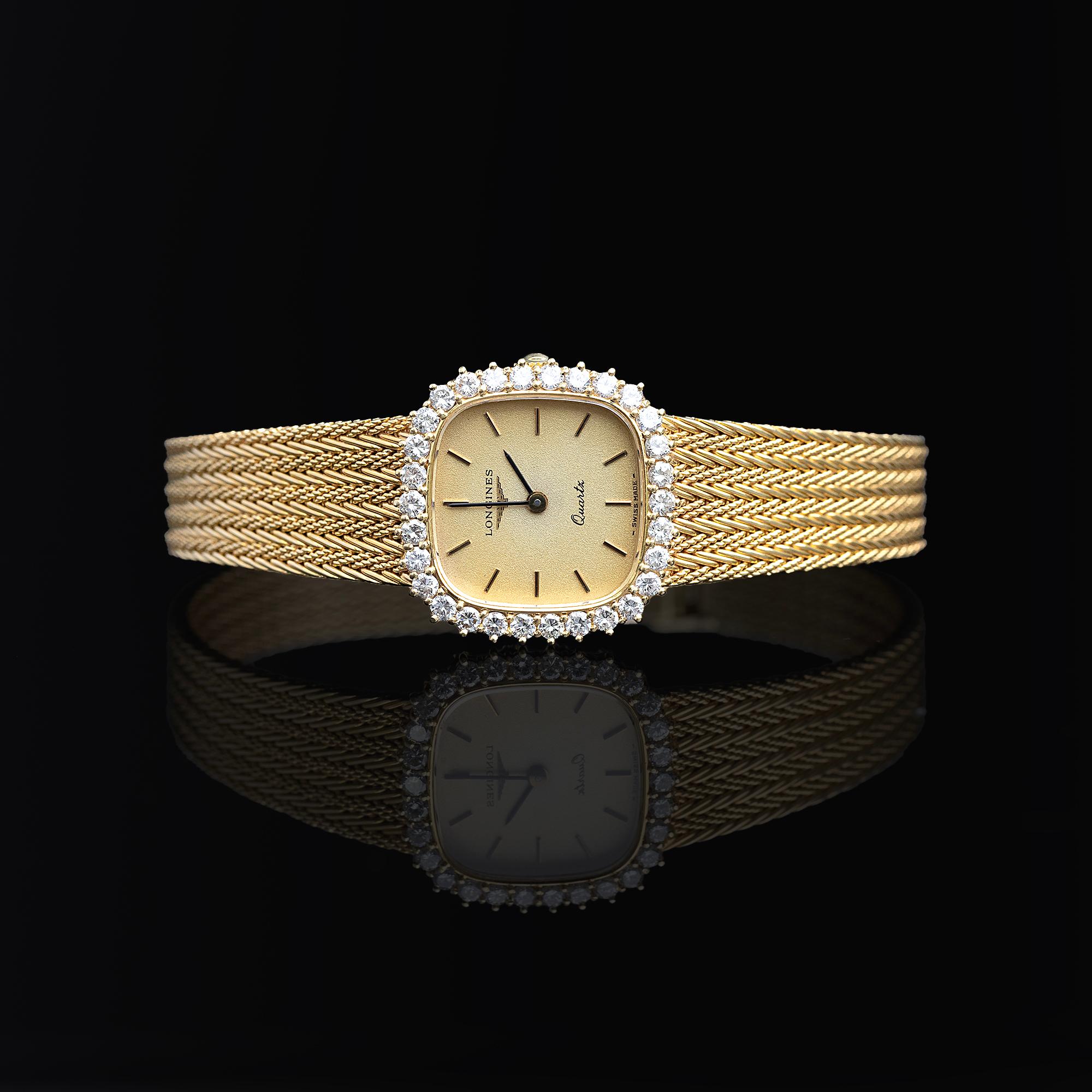 Brilliant Cut Longines 18k Yellow Gold Diamond Set Watch Circa 1988 For Sale