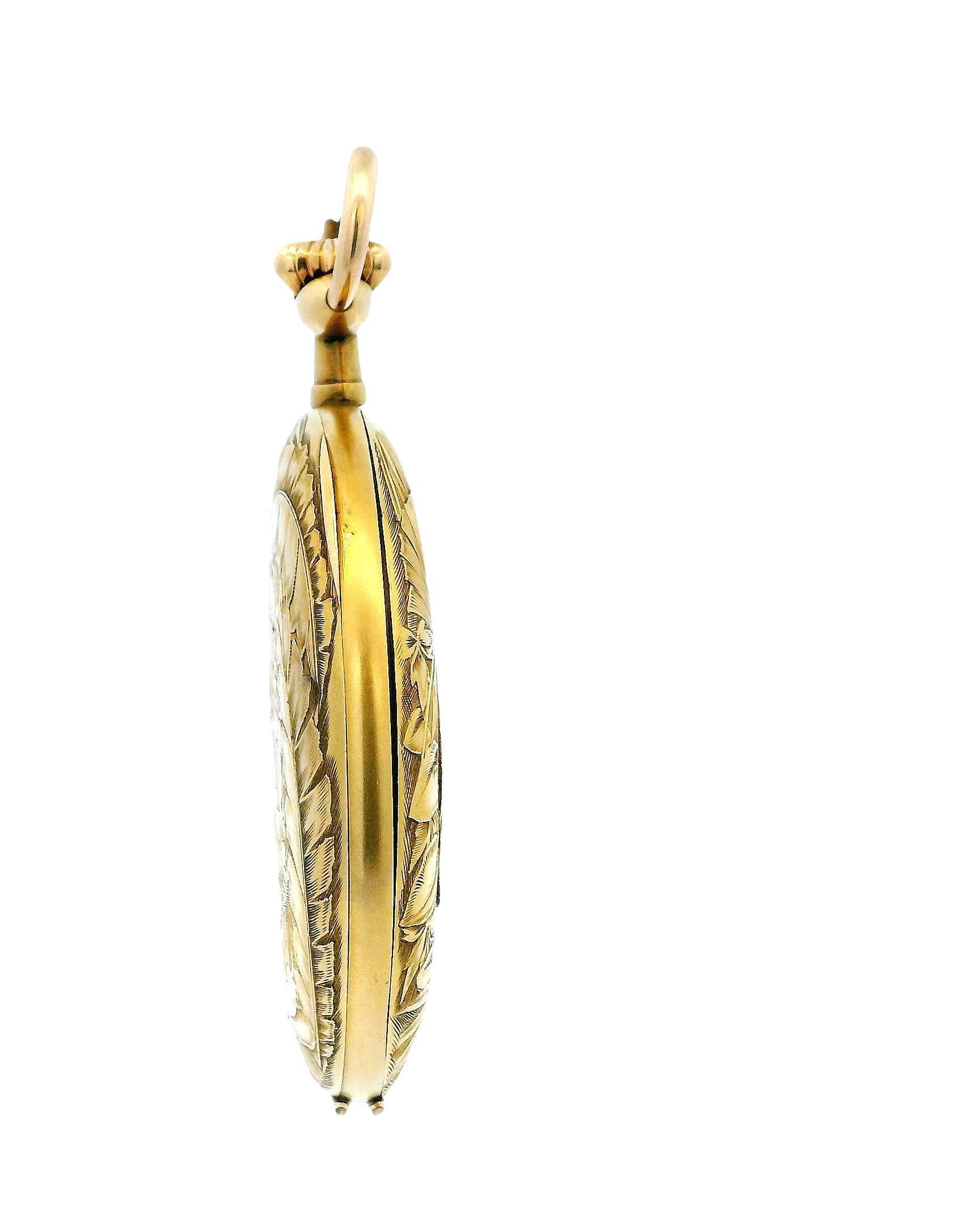 Longines 18K Yellow Gold Finely Engraved Jungle & Raised Lion Pocket-Watch For Sale 6