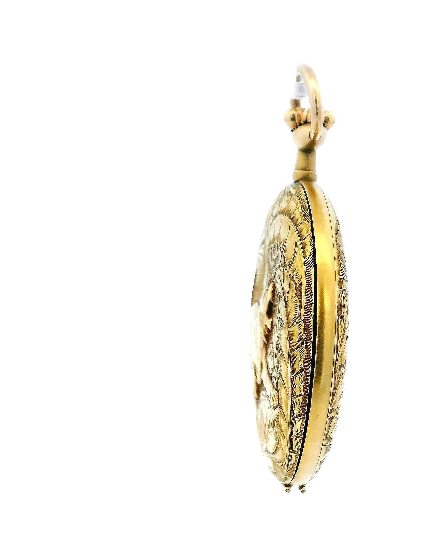 Longines 18K Yellow Gold Finely Engraved Jungle & Raised Lion Pocket-Watch For Sale 8