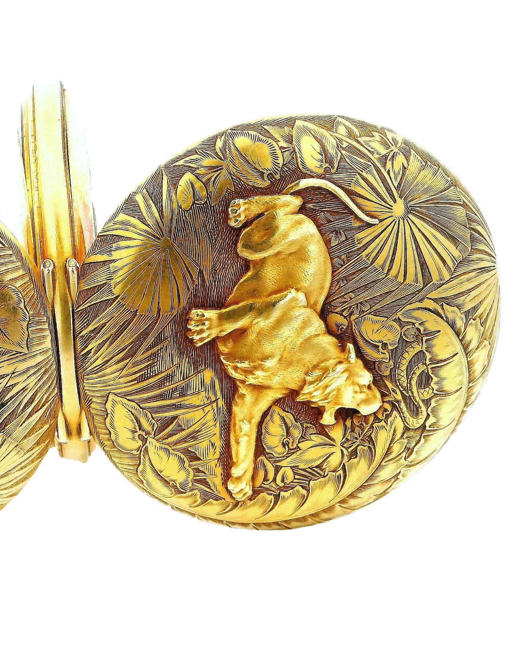 Women's or Men's Longines 18K Yellow Gold Finely Engraved Jungle & Raised Lion Pocket-Watch For Sale