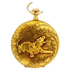 Longines 18K Yellow Gold Finely Engraved Jungle & Raised Lion Pocket-Watch
