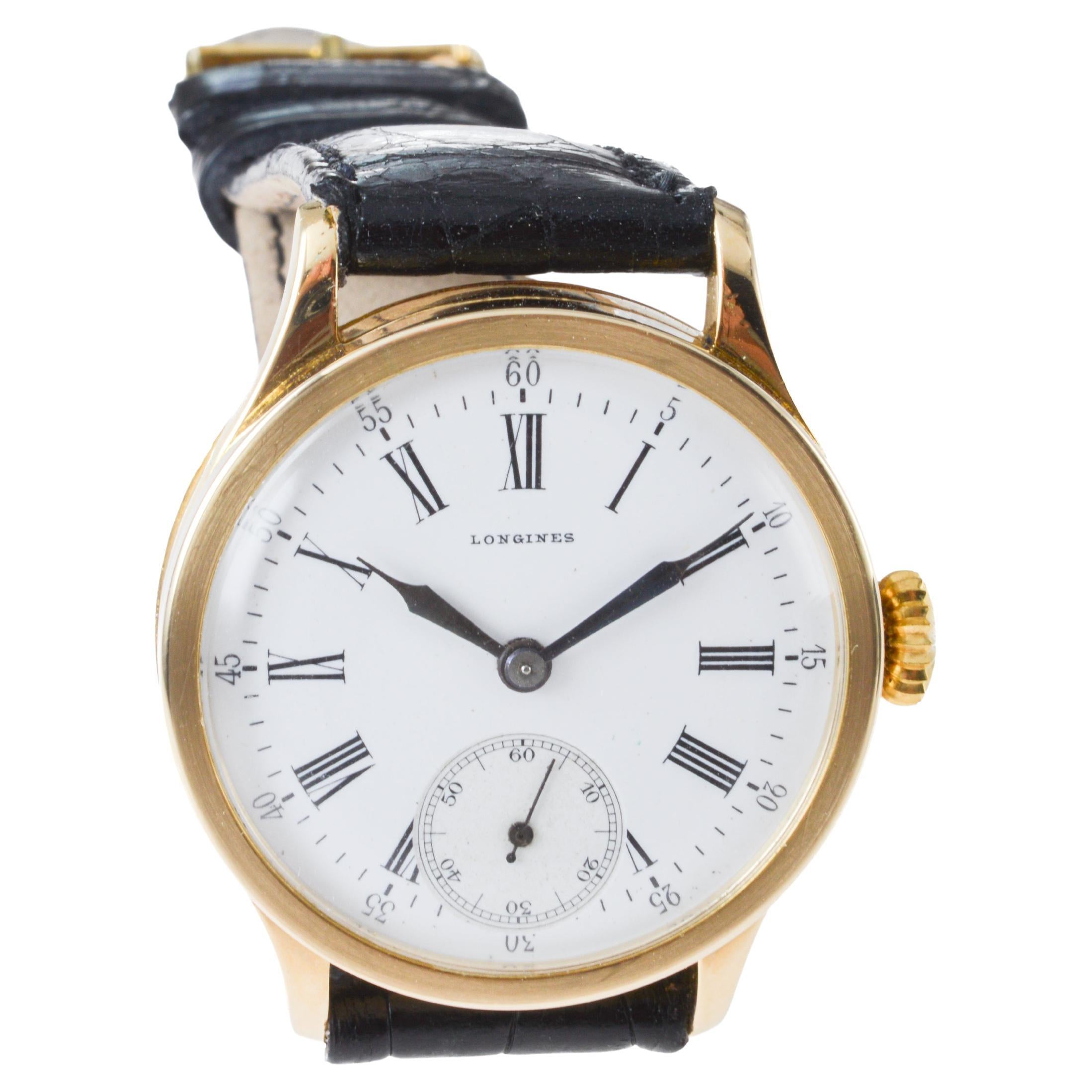 Longines 18Kt Solid Gold Art Deco Watch with Original Kiln Fired Dial from 1910 6