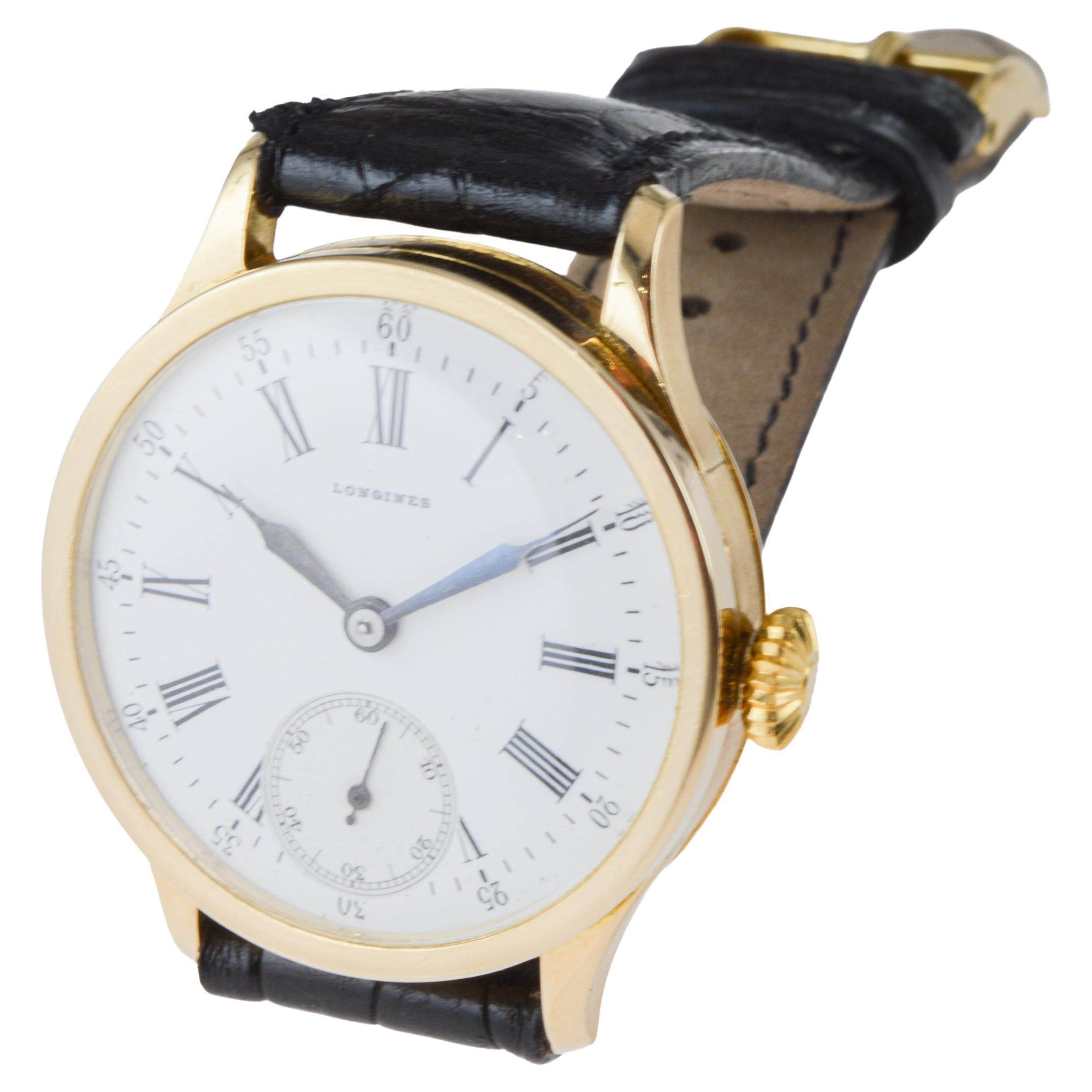 Longines 18Kt Solid Gold Art Deco Watch with Original Kiln Fired Dial from 1910 7