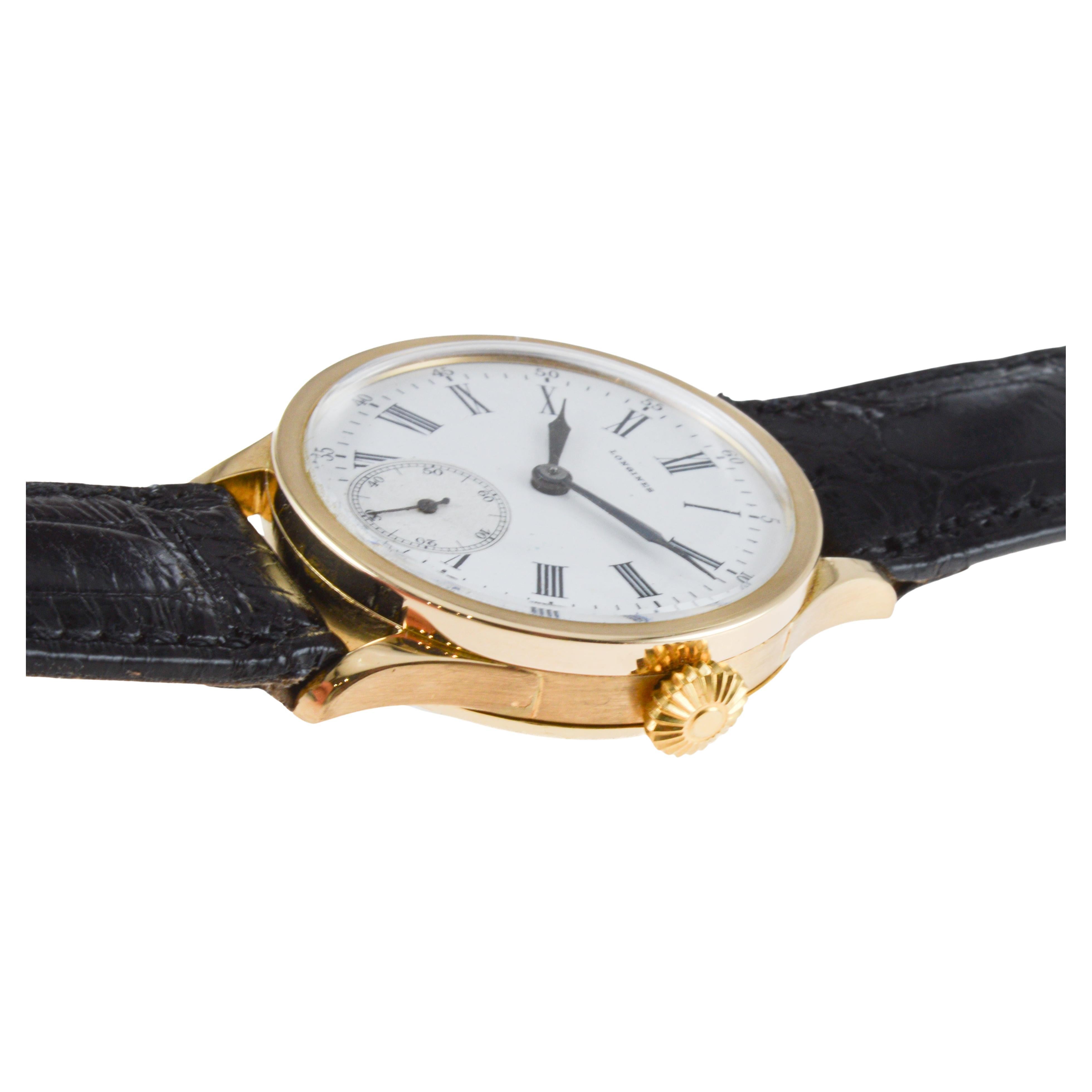 Longines 18Kt Solid Gold Art Deco Watch with Original Kiln Fired Dial from 1910 9