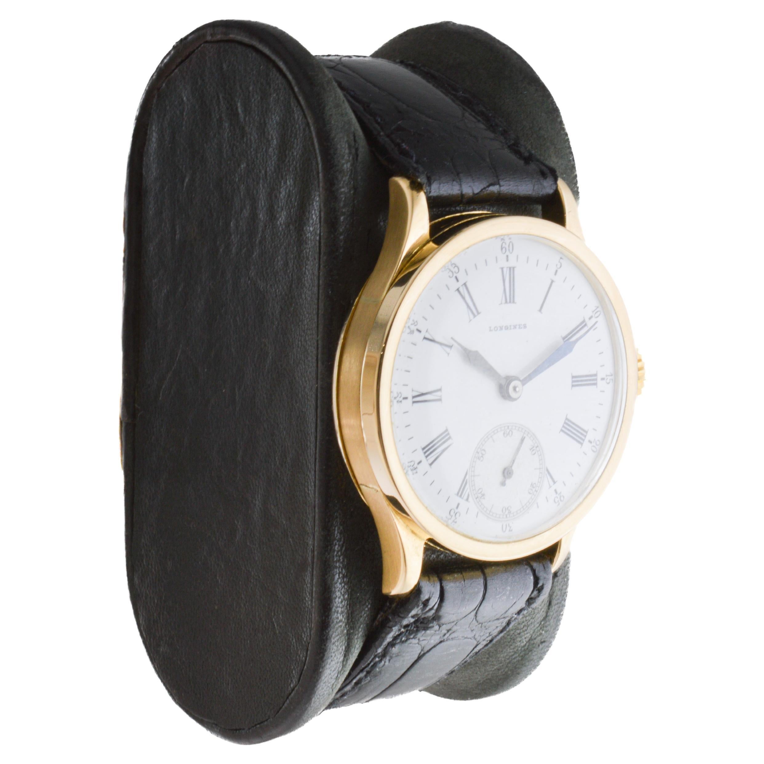 FACTORY / HOUSE: Longines Watch Company
STYLE / REFERENCE: Art Deco / Round Style 
METAL / MATERIAL: 18Kt Solid Gold
CIRCA / YEAR: 1910
DIMENSIONS / SIZE: Length 39mm X Diameter 31mm
MOVEMENT / CALIBER: Manual Winding / 17 Jewels / Caliber