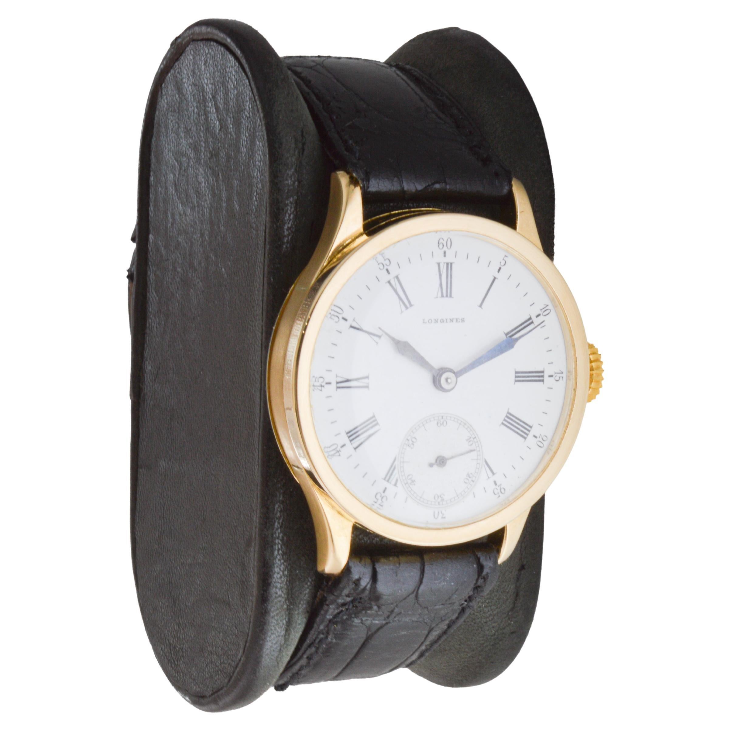 Longines 18Kt Solid Gold Art Deco Watch with Original Kiln Fired Dial from 1910 In Excellent Condition In Long Beach, CA