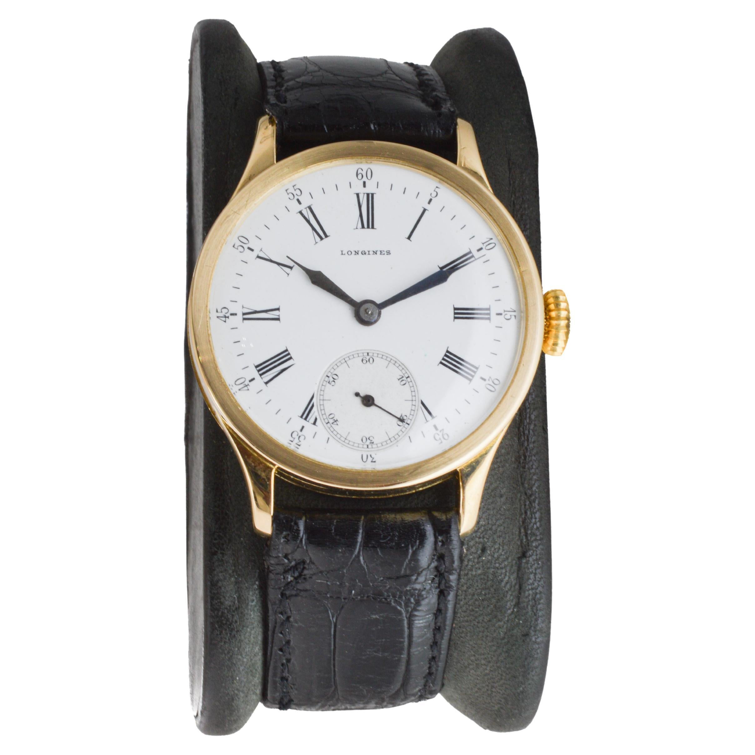 Women's or Men's Longines 18Kt Solid Gold Art Deco Watch with Original Kiln Fired Dial from 1910