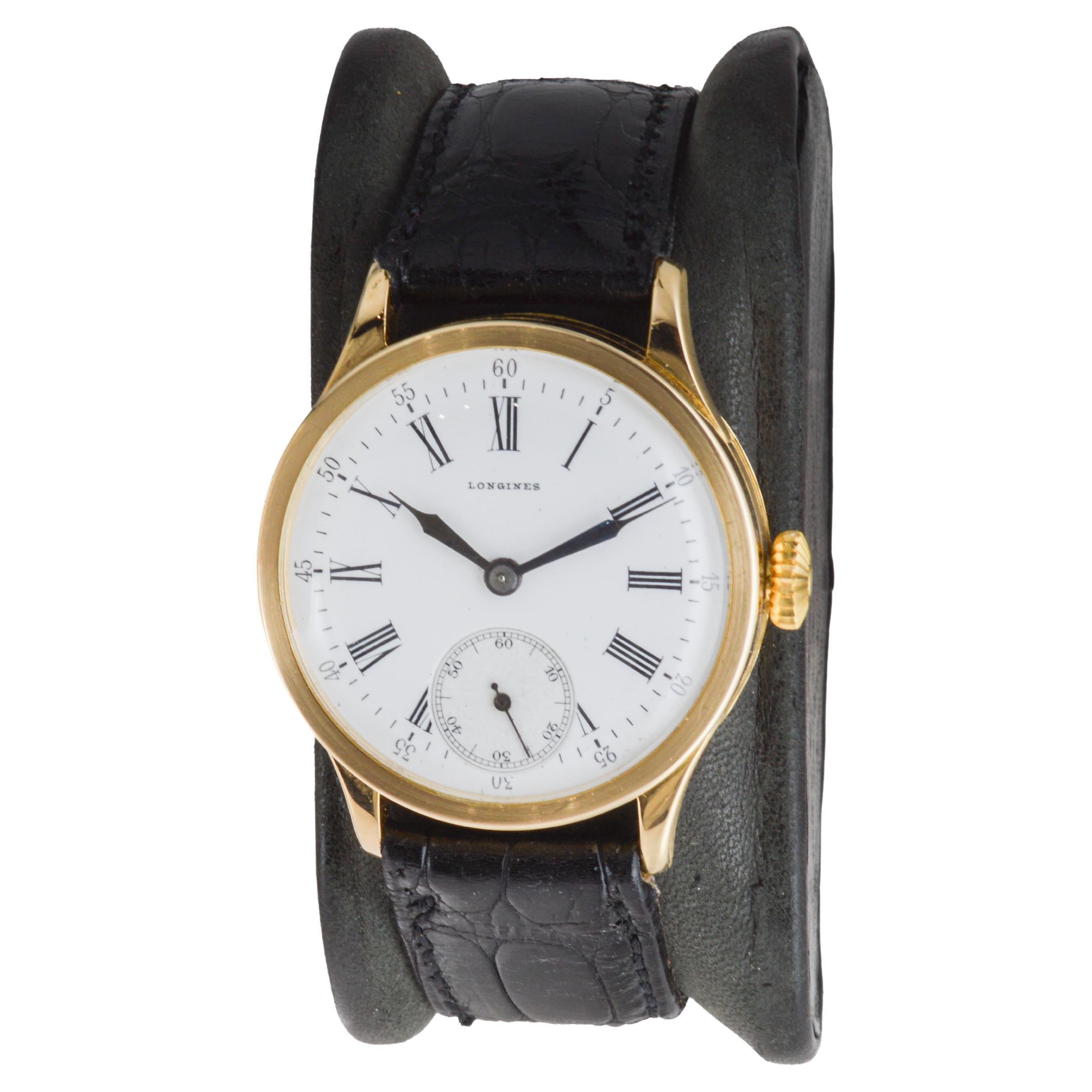 Longines 18Kt Solid Gold Art Deco Watch with Original Kiln Fired Dial from 1910 1
