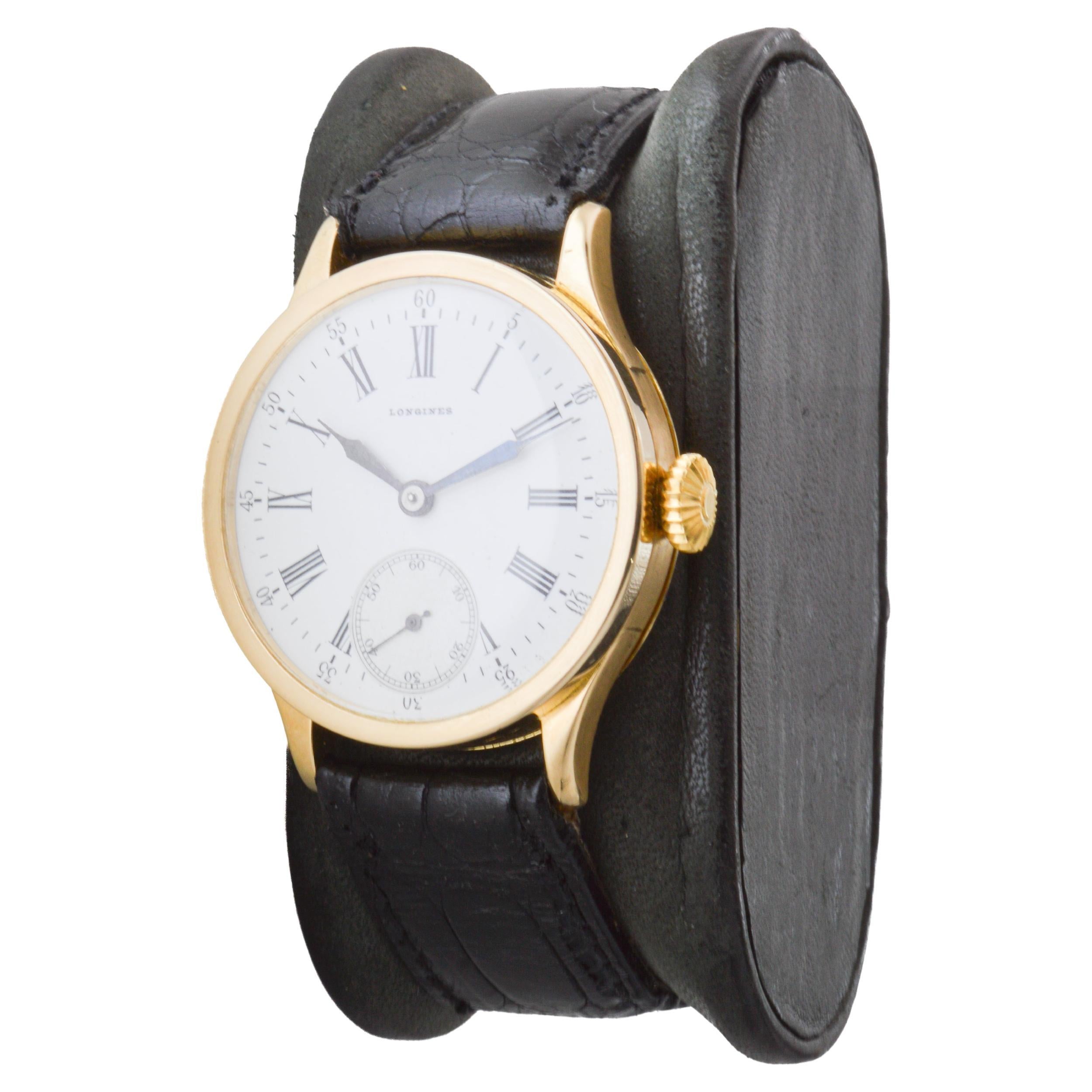 Longines 18Kt Solid Gold Art Deco Watch with Original Kiln Fired Dial from 1910 2
