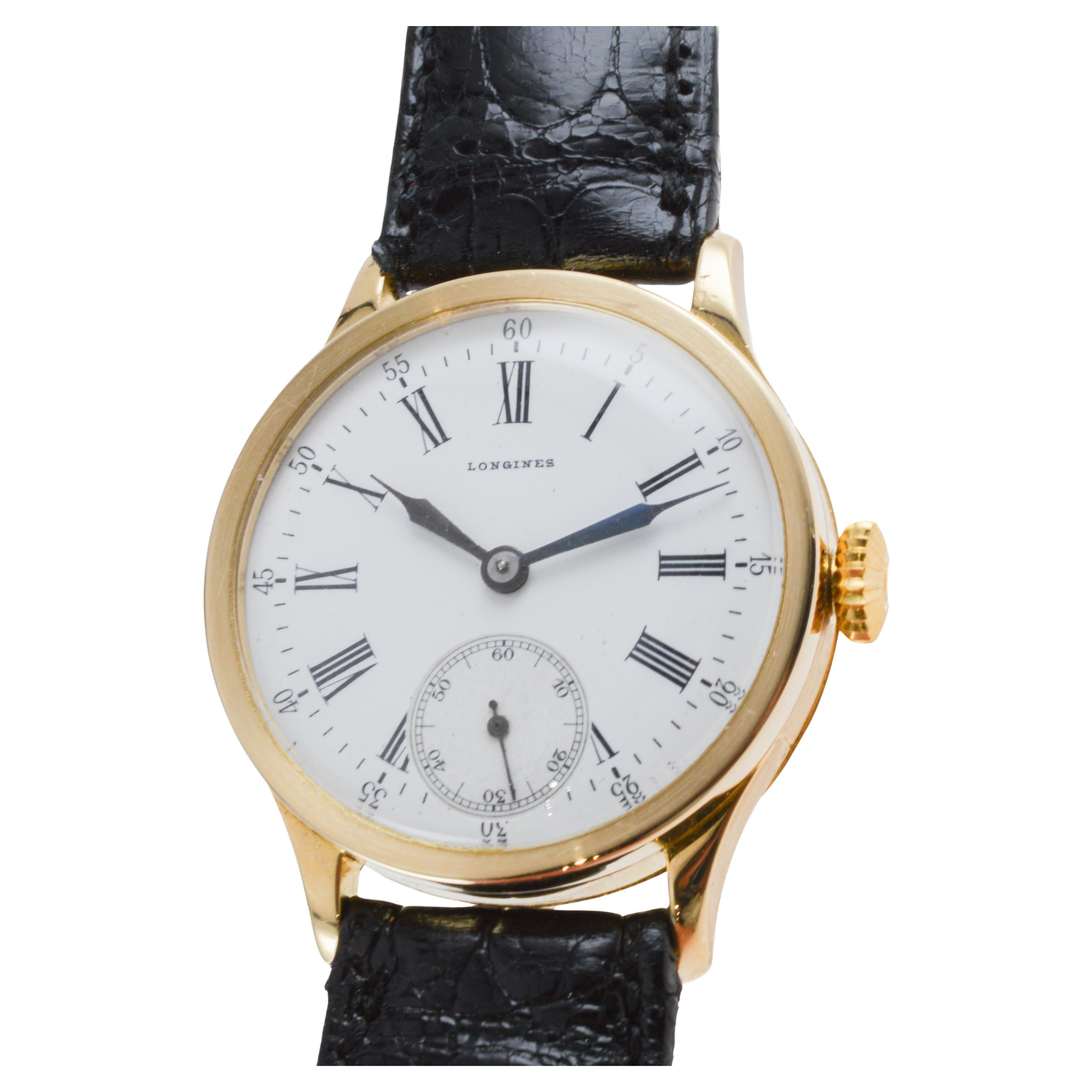 Longines 18Kt Solid Gold Art Deco Watch with Original Kiln Fired Dial from 1910 4