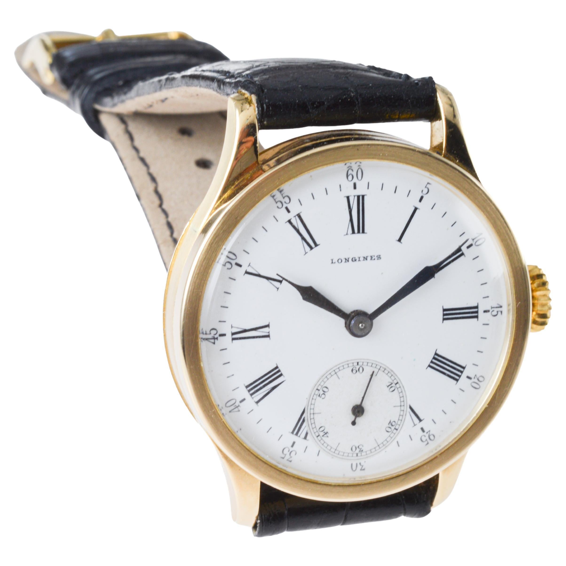 Longines 18Kt Solid Gold Art Deco Watch with Original Kiln Fired Dial from 1910 5