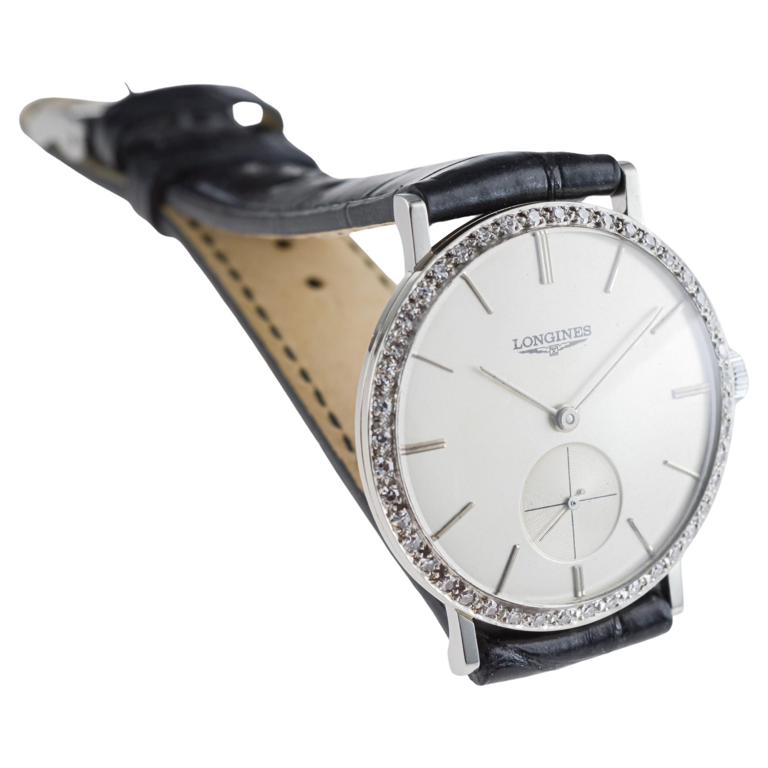 Longines 18Kt Solid White Gold Mid Century Design Tuxedo Watch 1950's / 60's For Sale 5