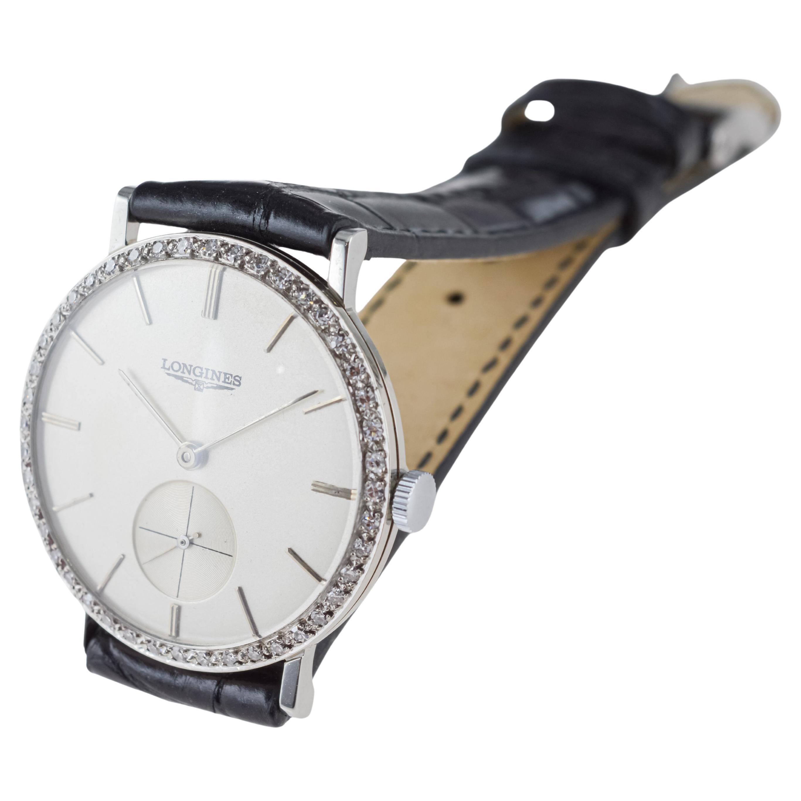 Longines 18Kt Solid White Gold Mid Century Design Tuxedo Watch 1950's / 60's For Sale 8