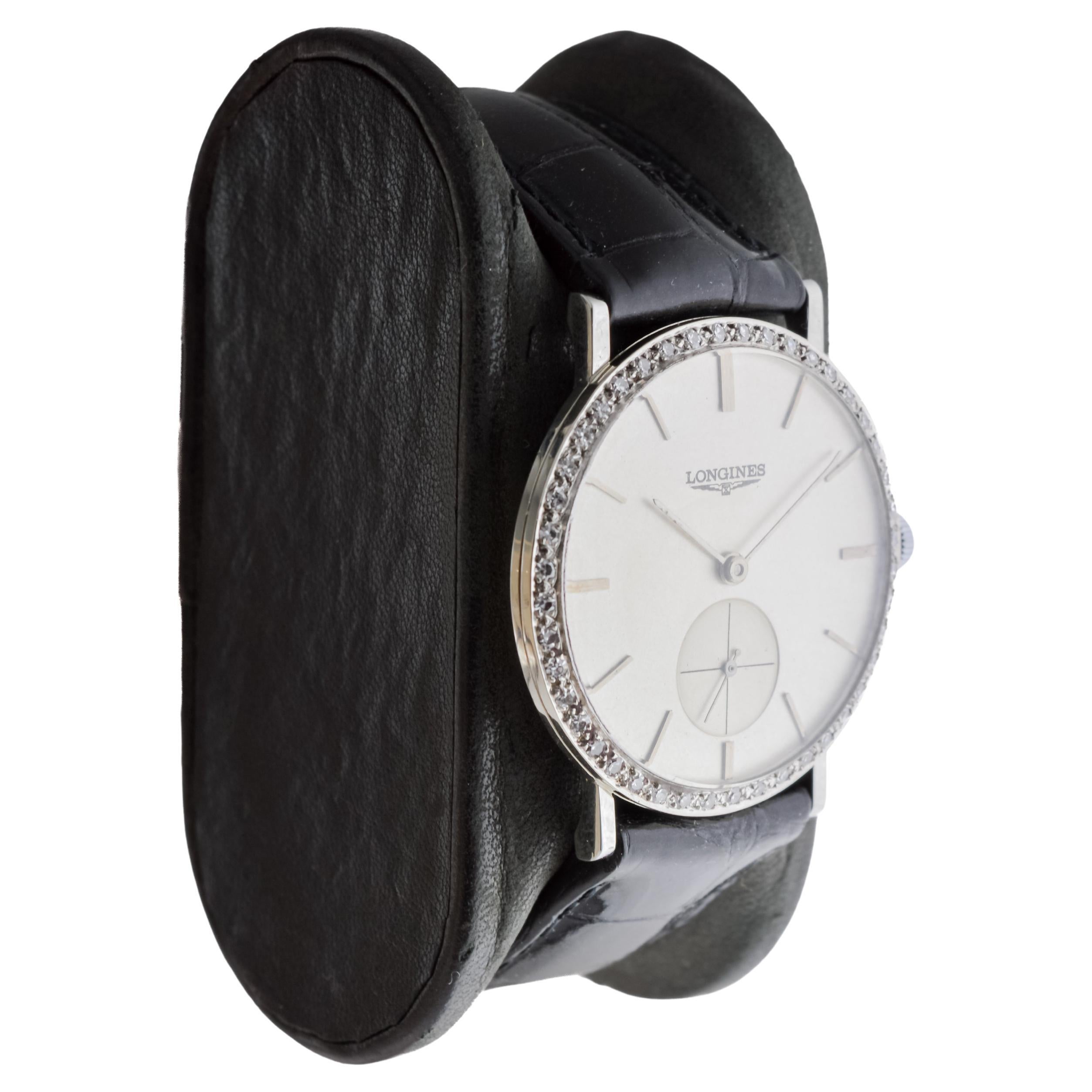 FACTORY / HOUSE: Longines Watch Company
STYLE / REFERENCE: Modernist
METAL / MATERIAL: 18Kt Solid White Gold
CIRCA / YEAR: 1950's
DIMENSIONS / SIZE: Length 36mm X Diameter 32mm
MOVEMENT / CALIBER: Manual Winding / 17 Jewels / Caliber 22L
DIAL /