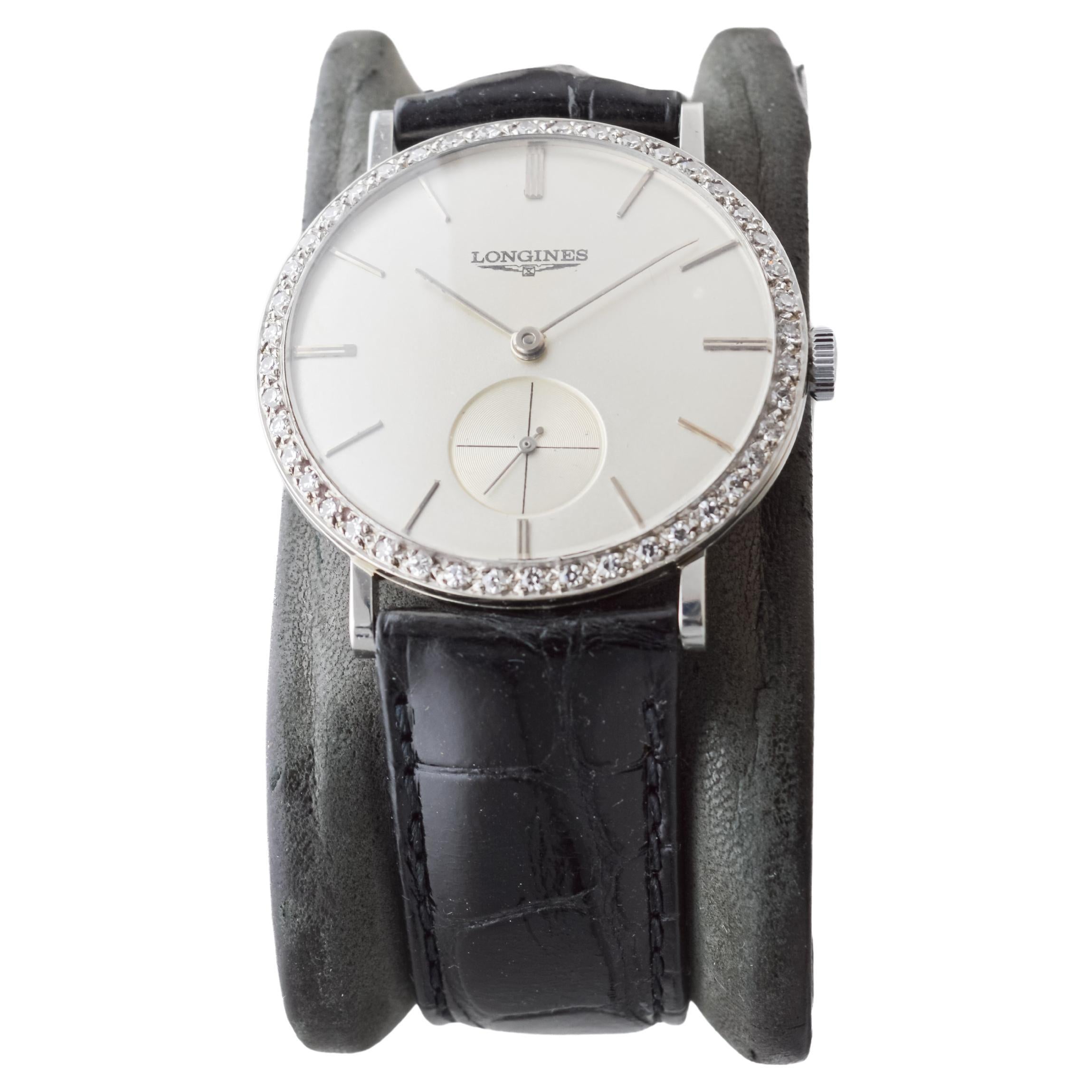 Longines 18Kt Solid White Gold Mid Century Design Tuxedo Watch 1950's / 60's In Excellent Condition For Sale In Long Beach, CA
