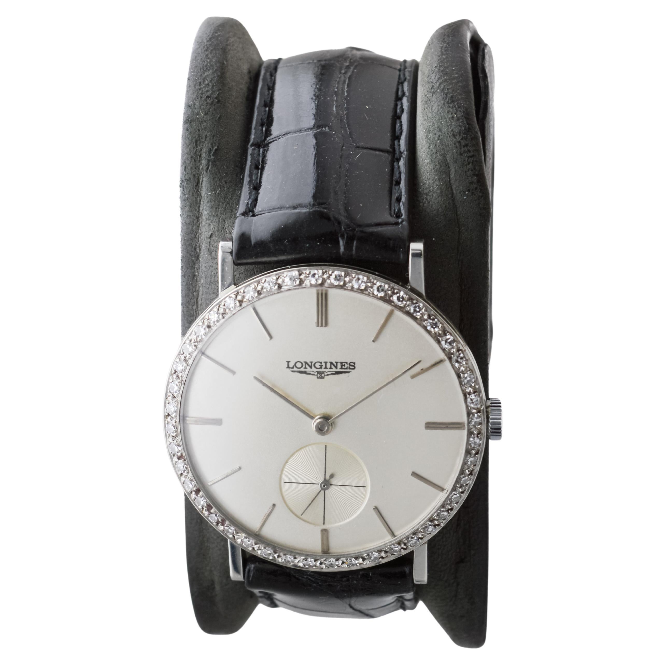 Women's or Men's Longines 18Kt Solid White Gold Mid Century Design Tuxedo Watch 1950's / 60's For Sale