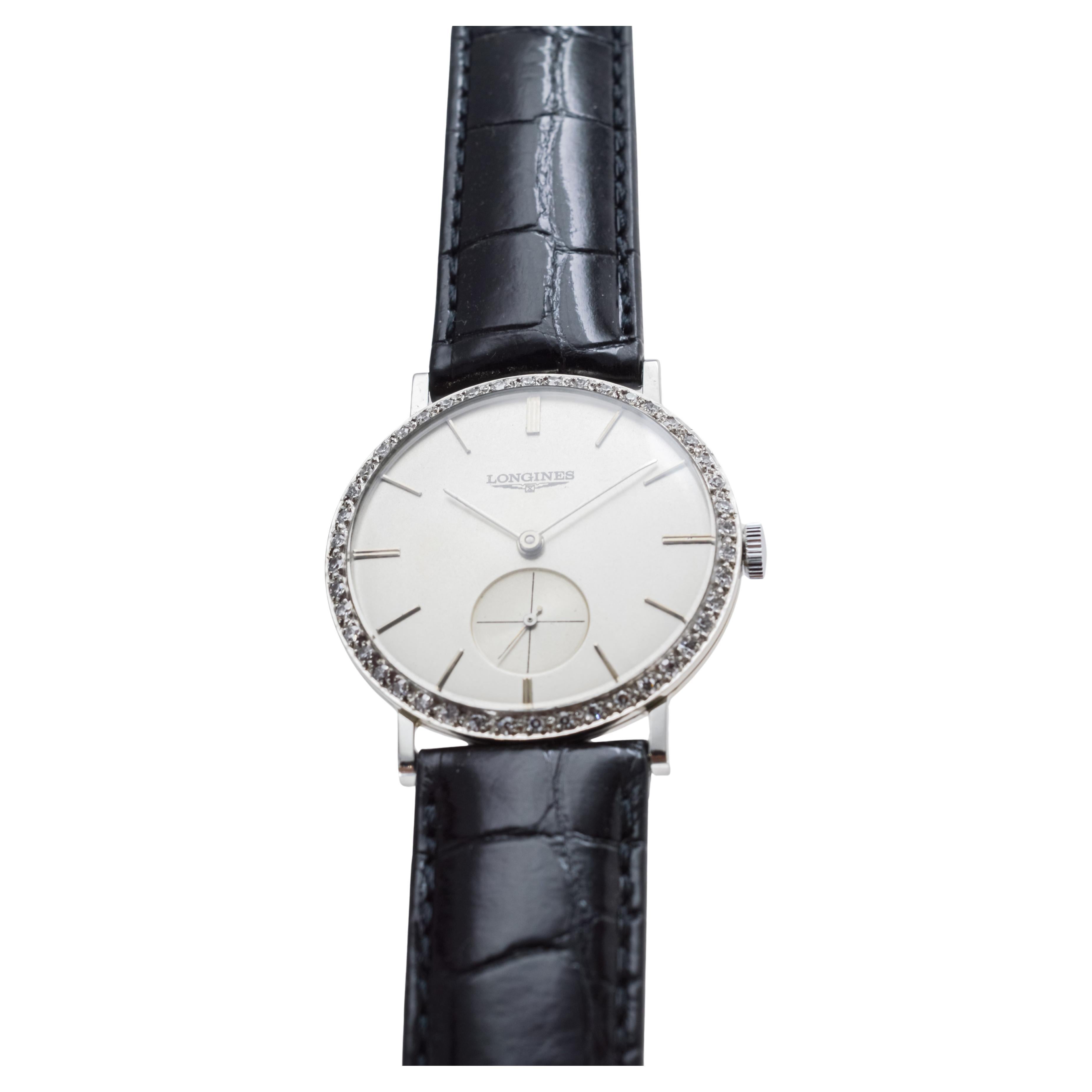 Longines 18Kt Solid White Gold Mid Century Design Tuxedo Watch 1950's / 60's For Sale 3