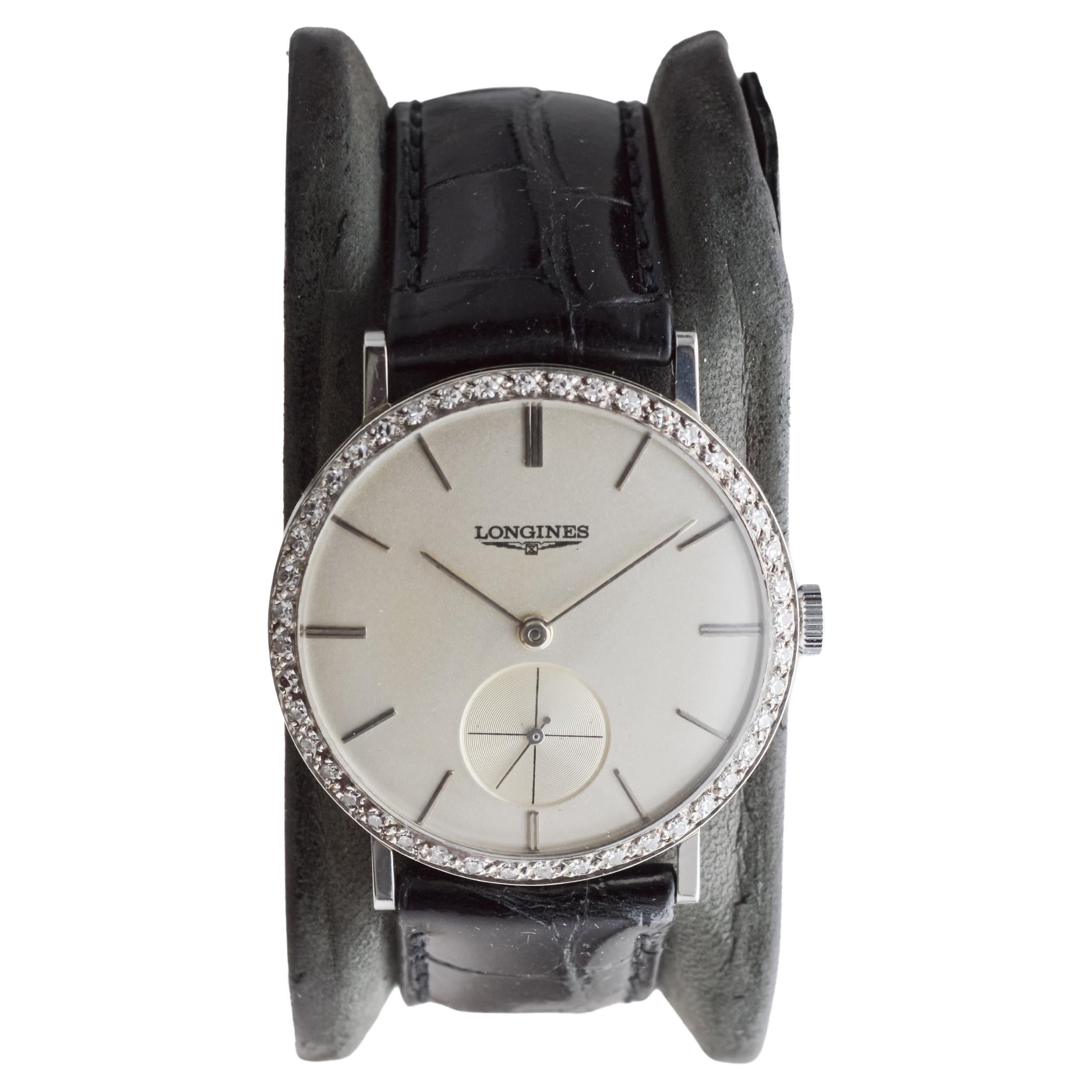 Longines 18Kt Solid White Gold Mid Century Design Tuxedo Watch 1950's / 60's For Sale