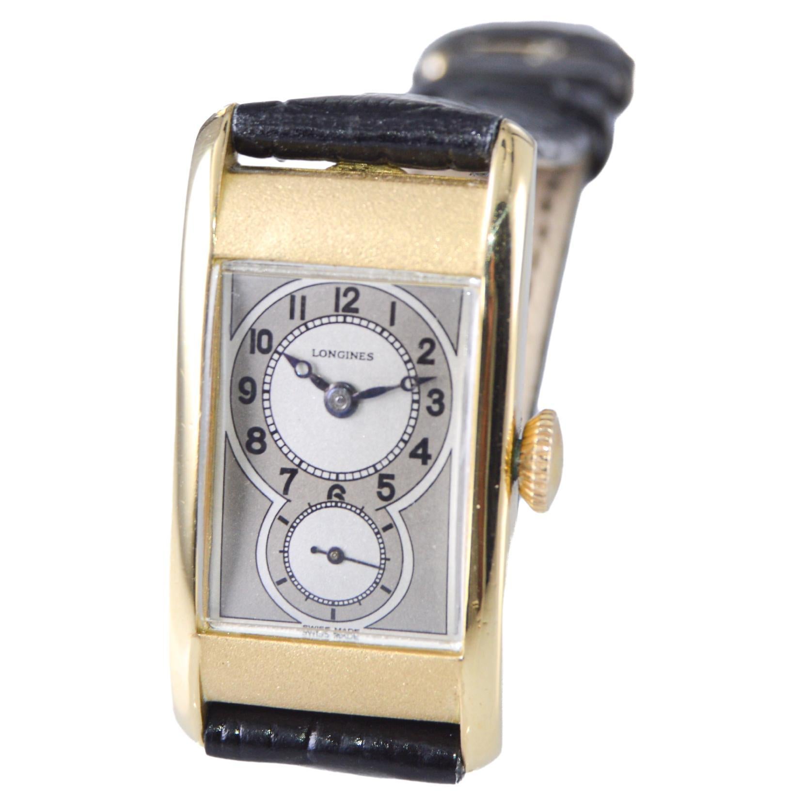Longines 18Kt Yellow Gold Rare Drs. Model Art Deco Watch circa 1937 For Sale 3