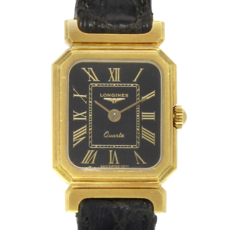 Longines Rectangle Black Dial 14 Karat Yellow Gold Leather Quartz ...