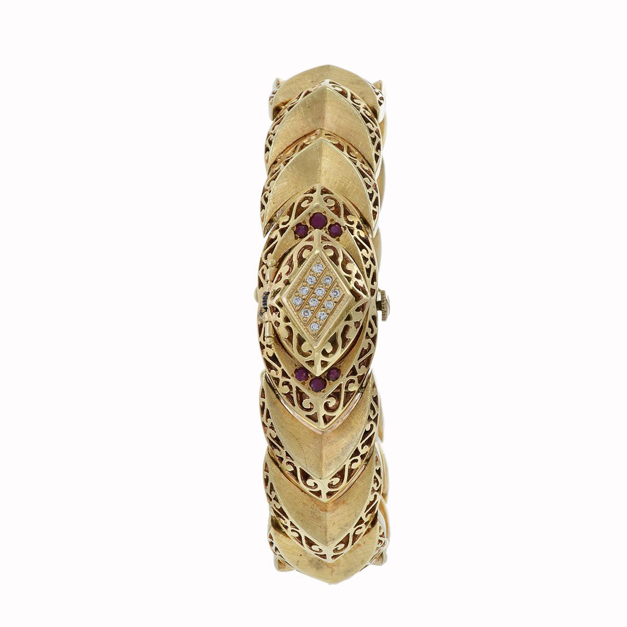 Round Cut Longines 1960s Ladies Quartz 14KT Yellow Gold Diamond and Ruby Watch