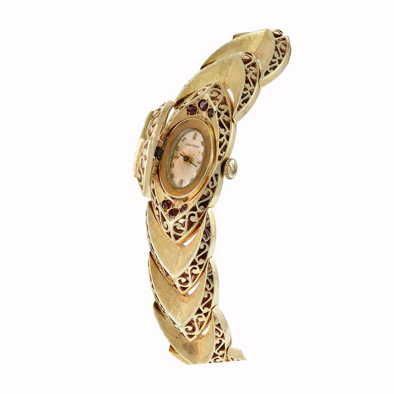 Longines 1960s Ladies Quartz 14KT Yellow Gold Diamond and Ruby Watch In Good Condition In New York, NY