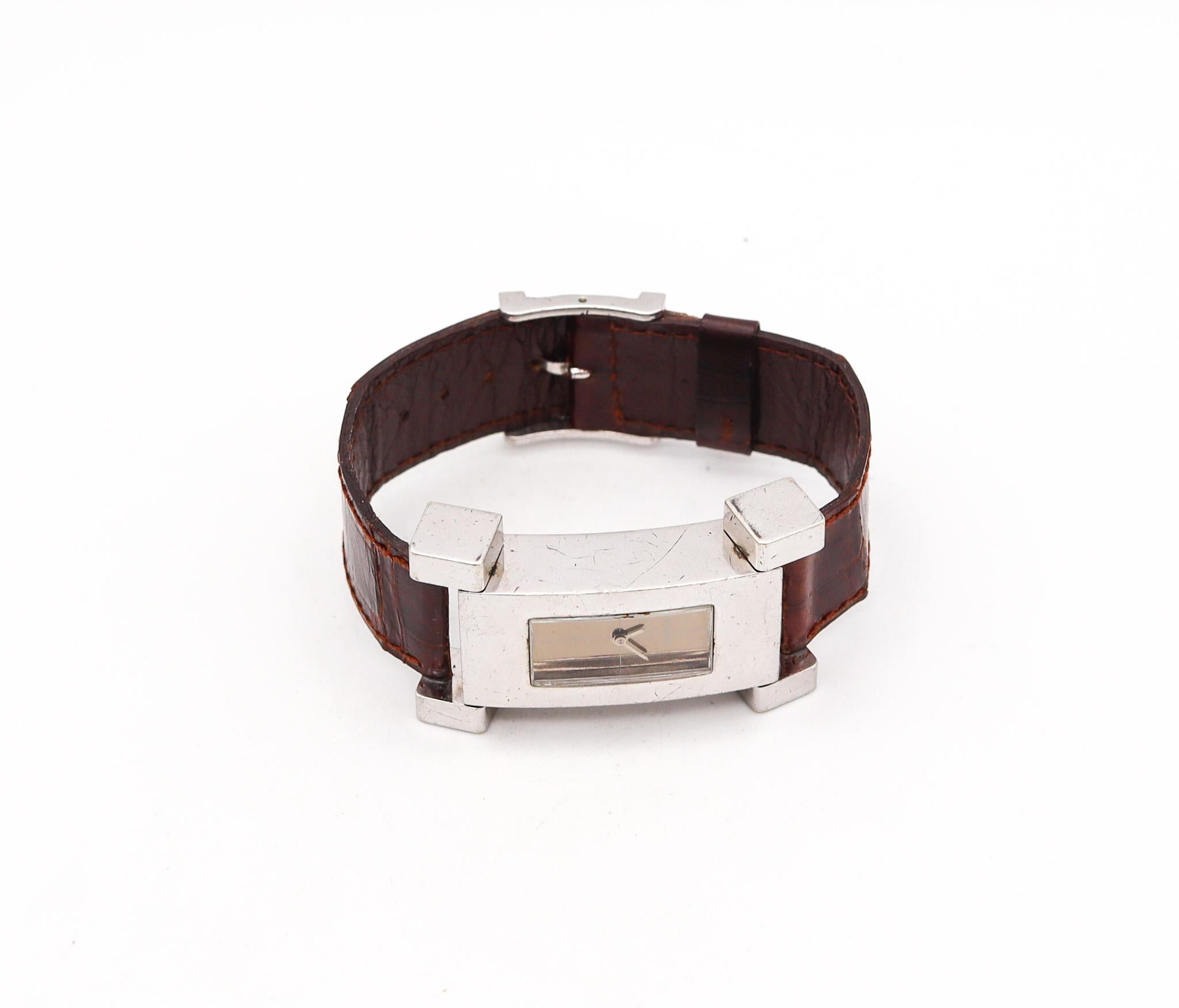 Moderniste Montre-bracelet cubiste géométrique Longines 1973 de Serge Manzon en argent sterling