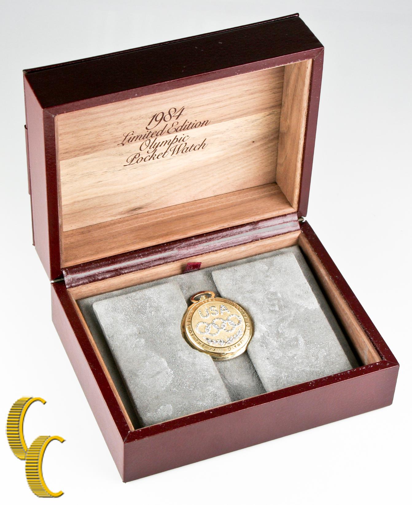 Longines 1984 Limited Edition 14 Karat Gold Olympic Pocket Watch In Good Condition In Sherman Oaks, CA