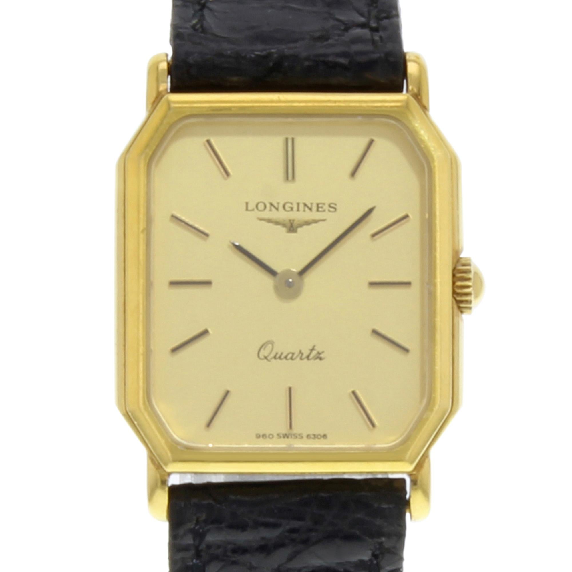 This pre-owned Longines N/A N/A is a beautiful Ladies timepiece that is powered by a quartz movement which is cased in a yellow gold case. It has a  rectangle shape face, no features dial and has hand sticks style markers. It is completed with a