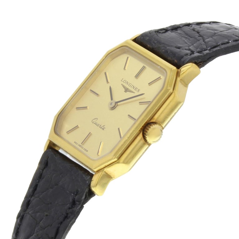 Longines Rectangle Gold Dial 18 Karat Yellow Gold Leather Quartz Ladies ...