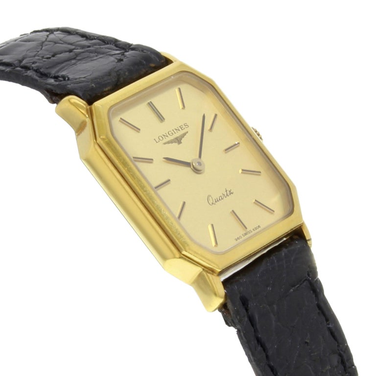 Longines Rectangle Gold Dial 18 Karat Yellow Gold Leather Quartz Ladies ...