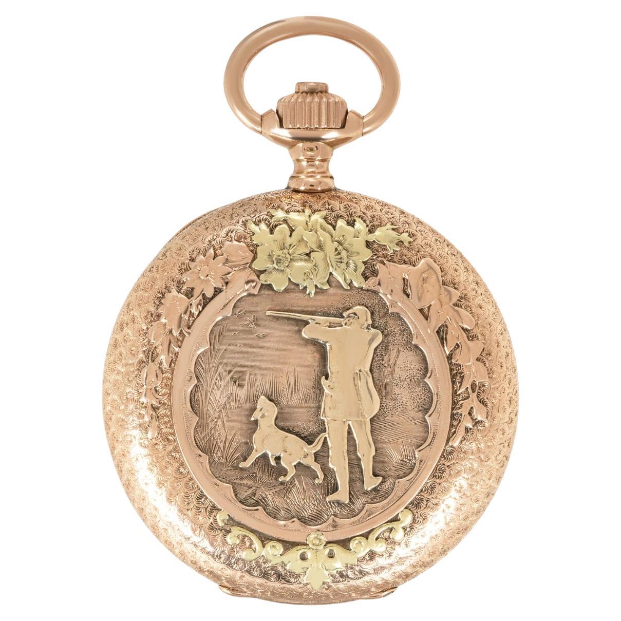 Longines. A Rare Hunting Festival Rose Gold Full Hunter Pocket Watch C1900 For Sale