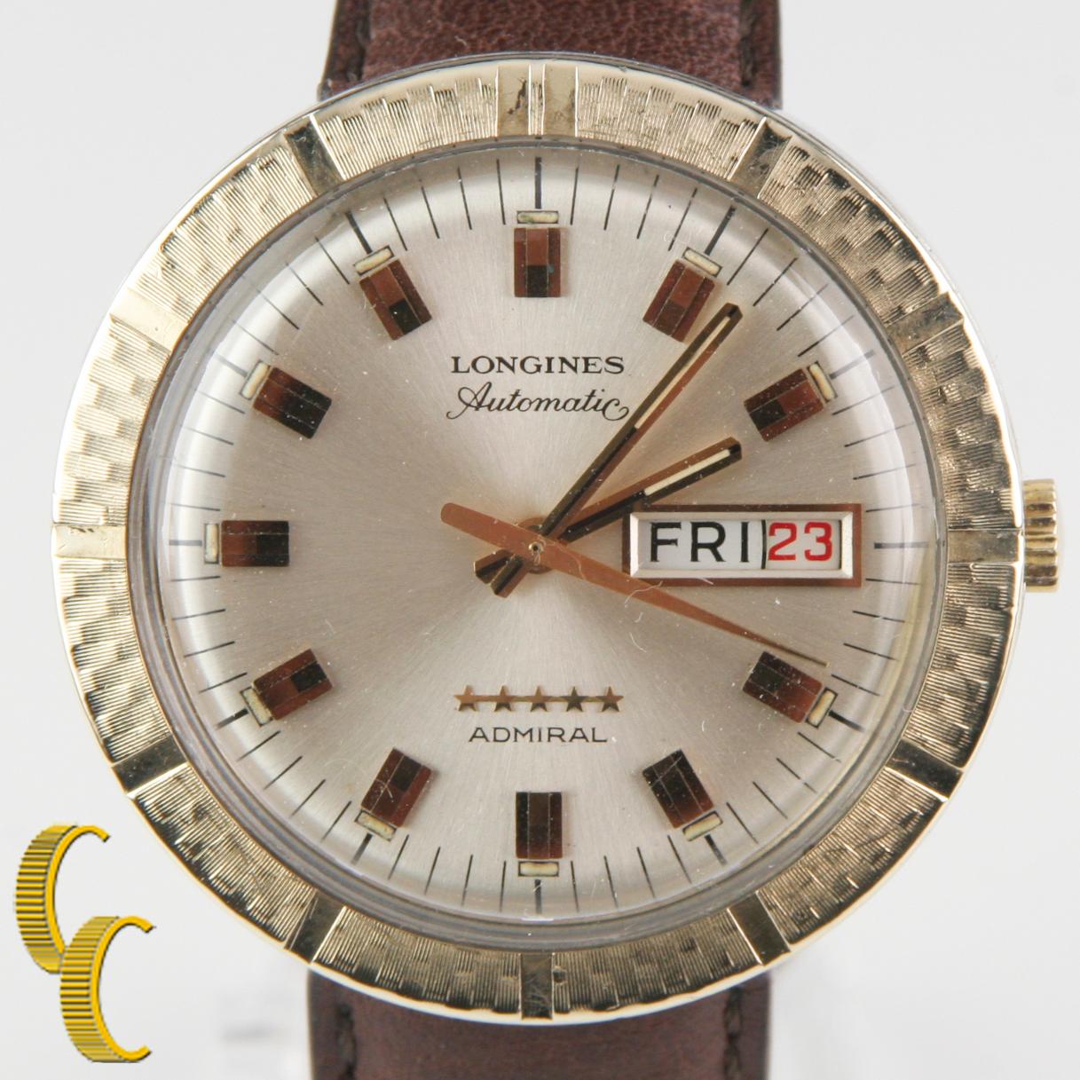 Longines Admiral 10k Gold Filled Automatic Day/Date Watch w/ Leather Band #508
Movement #508
Movement Serial #50770781
Case #2949
Case Serial #5077023769

10k Gold Filled Case w/ Stainless Steel Back
37 mm in Diameter (39 mm w/ Crown)
Lug-to-Lug