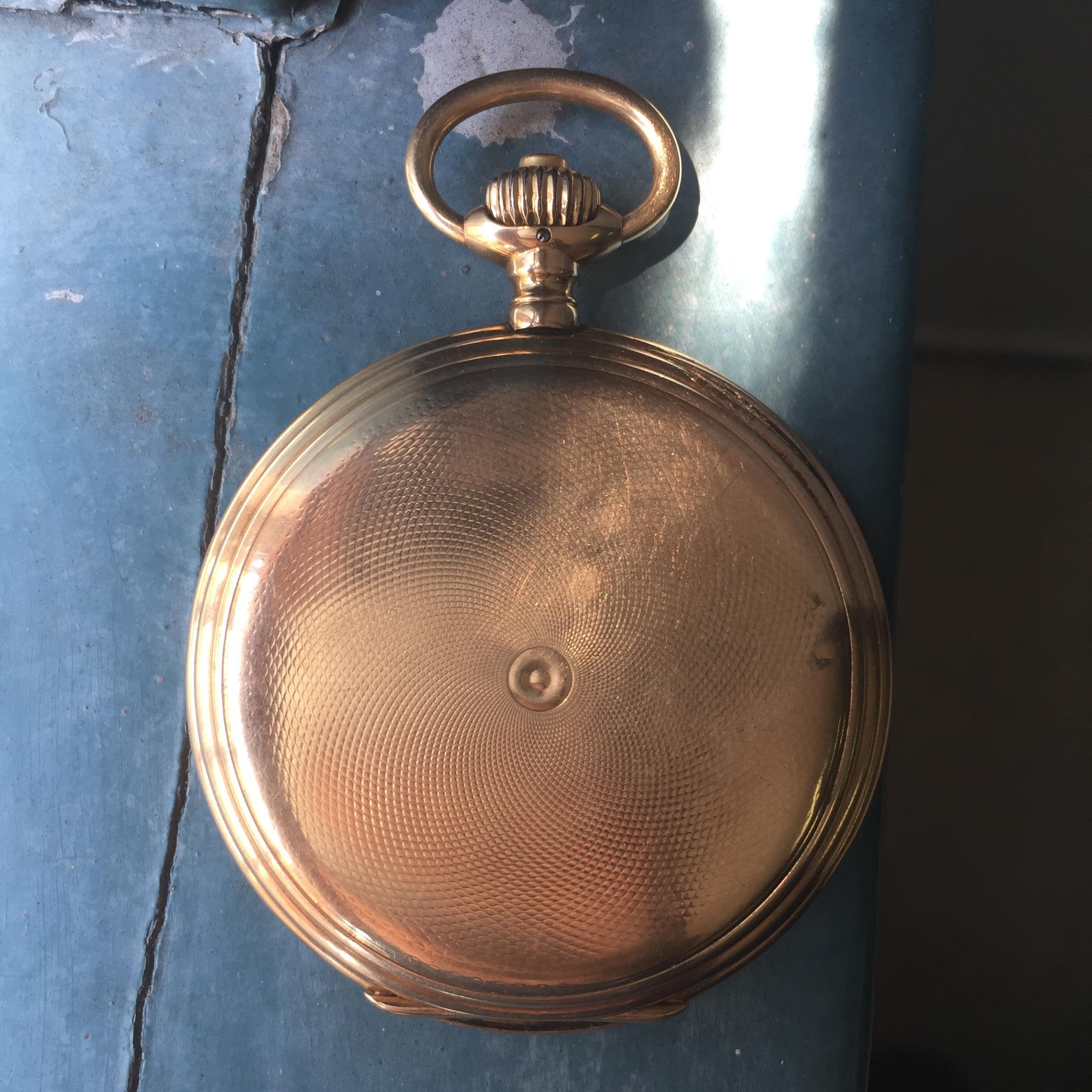 Pocket Watch Details:
Metal: Solid 14k Yellow Gold
Case: Hunters Case
Size: 51mm , 2 Inches , 25S (Apprx)
Weight: Apprx 100 Grams, 3.5 Ounces
Condition: Very Good but has a few dings on case and marks on dial 
missing crystal
