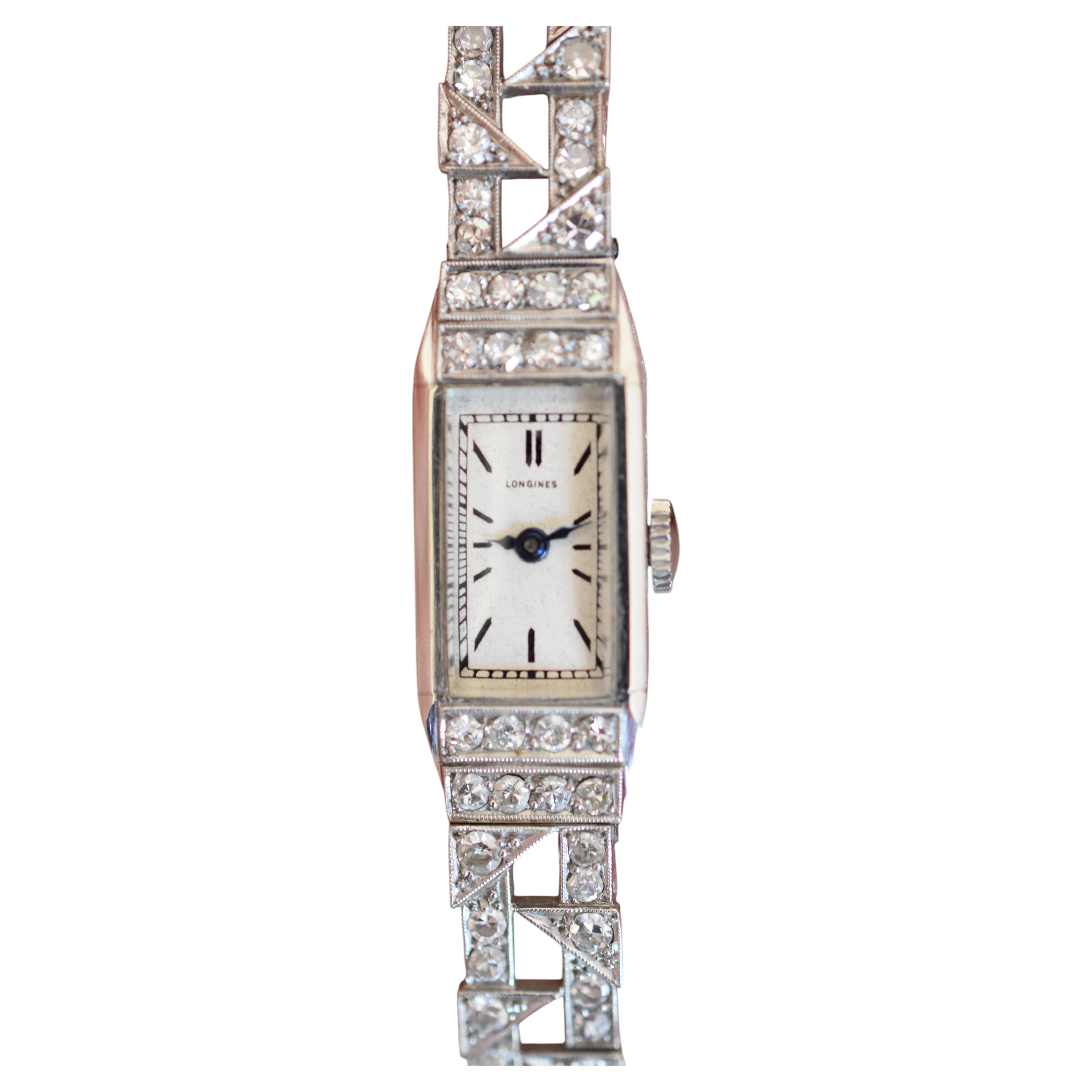Longines Art Deco Ladies Platinum & Diamond Bracelet Watch ~3.5ct Circa 1920 For Sale