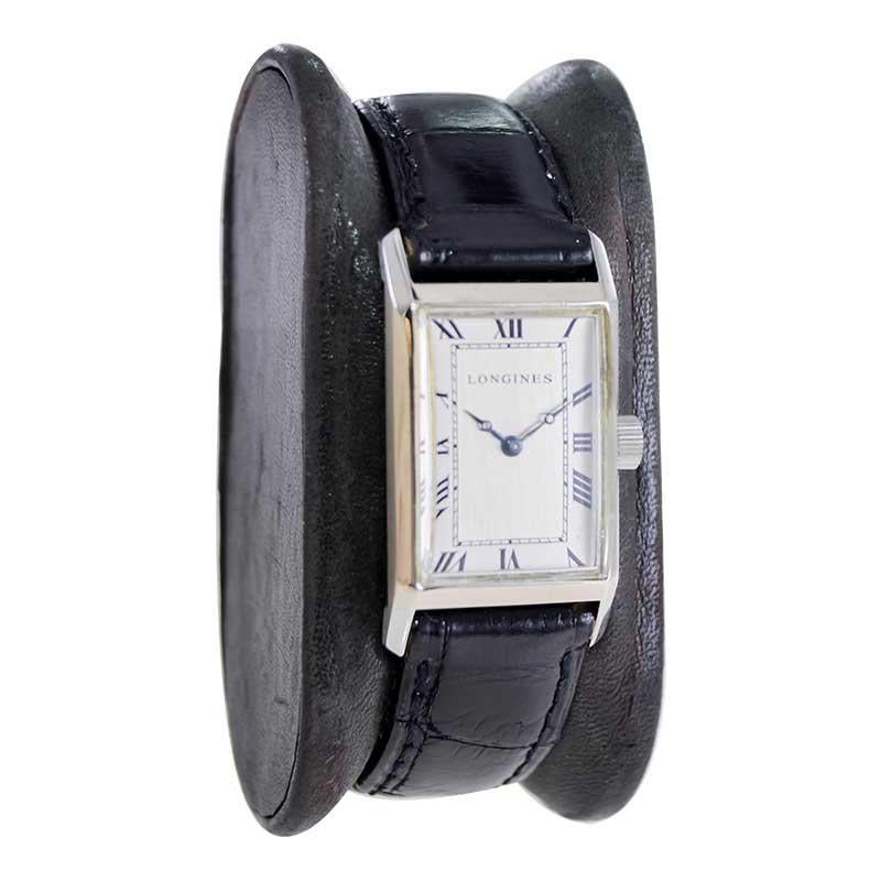 Women's or Men's Longines Art Deco Tank Watch with Unique Hand Constructed Steel Case from 1928 For Sale