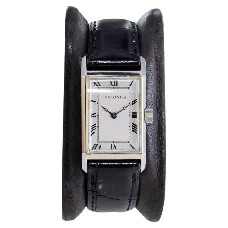 Longines Art Deco Tank Watch with Unique Hand Constructed Steel Case from 1928 For Sale