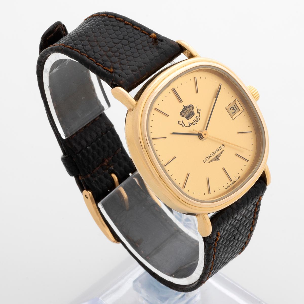 Our vintage Longines features a 34.4mm gold plated steel case, and is powered by an automatic movement. Notably this is a special dial commissioned as a presentation gift from the royal court of Jordan , bearing the crown and Arabic lettering for
