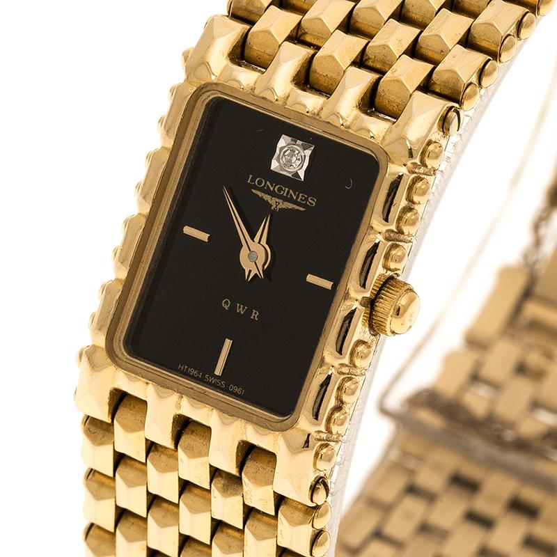 Your dream to own a beautiful vintage creation comes true in this timepiece from Longines! The watch has been beautifully made from gold-plated metal and held by a link bracelet made from the same material. It has a black dial bearing two hands and
