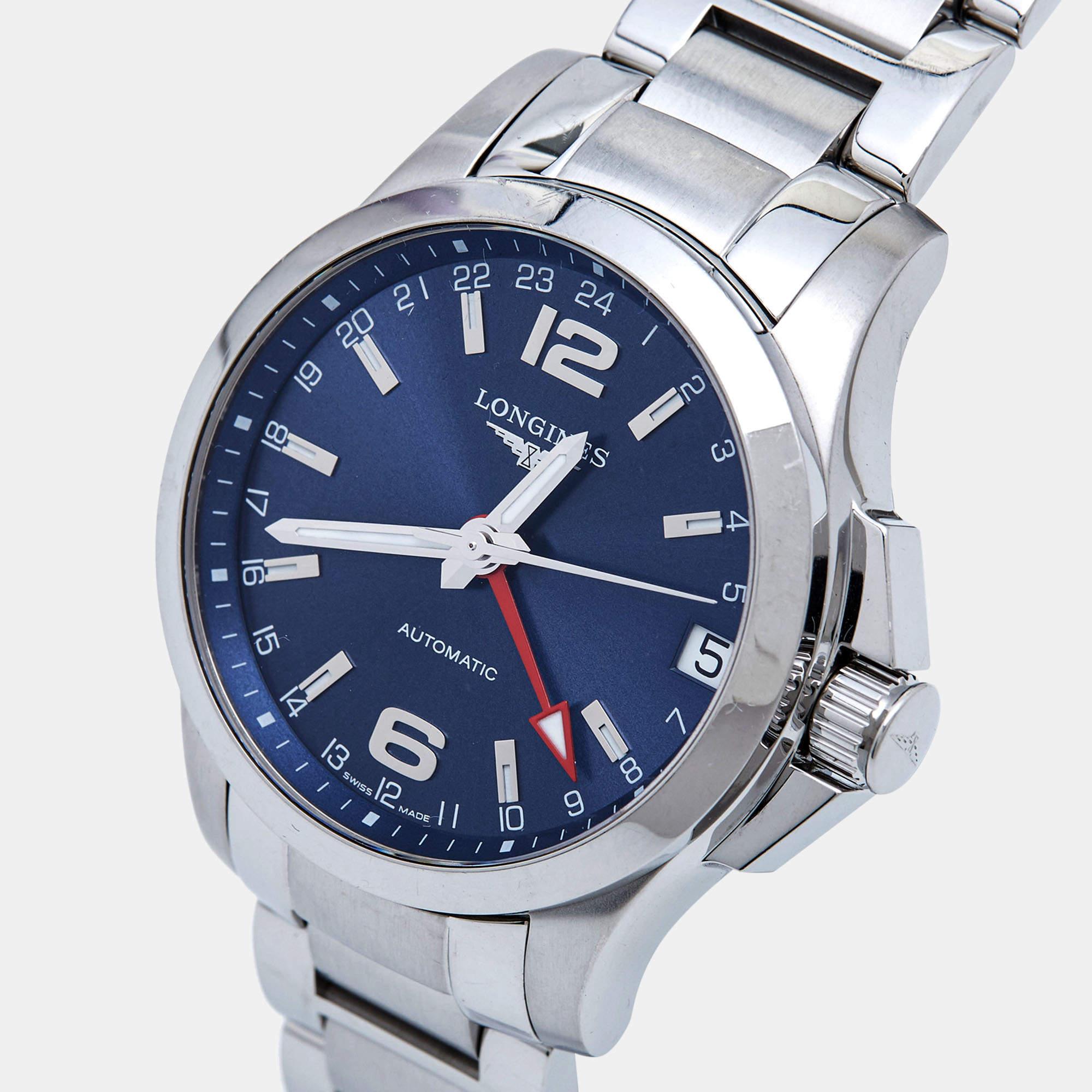 Longines Blue Stainless Steel Conquest GMT L3.687.4.99.6 Men's Wristwatch 41 mm In Good Condition In Dubai, Al Qouz 2