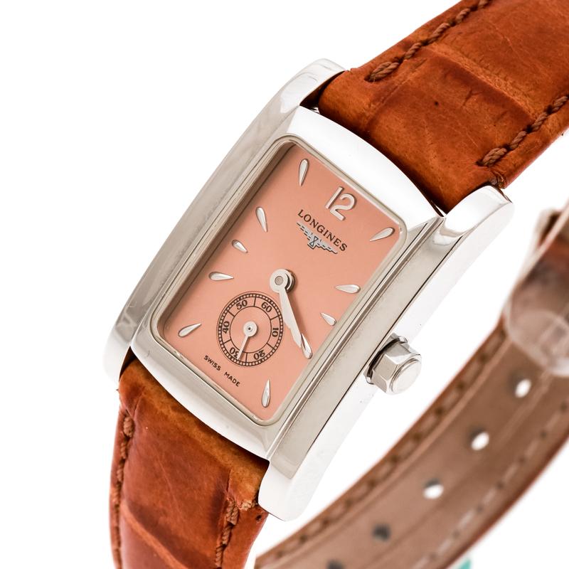 Perfect to assist you and enhance all your chic ensembles, this Longines watch has a case made from stainless steel and held by brown leather straps. It features a smooth bezel, and on the bronze dial, there are teardrop hour markers, two hands and