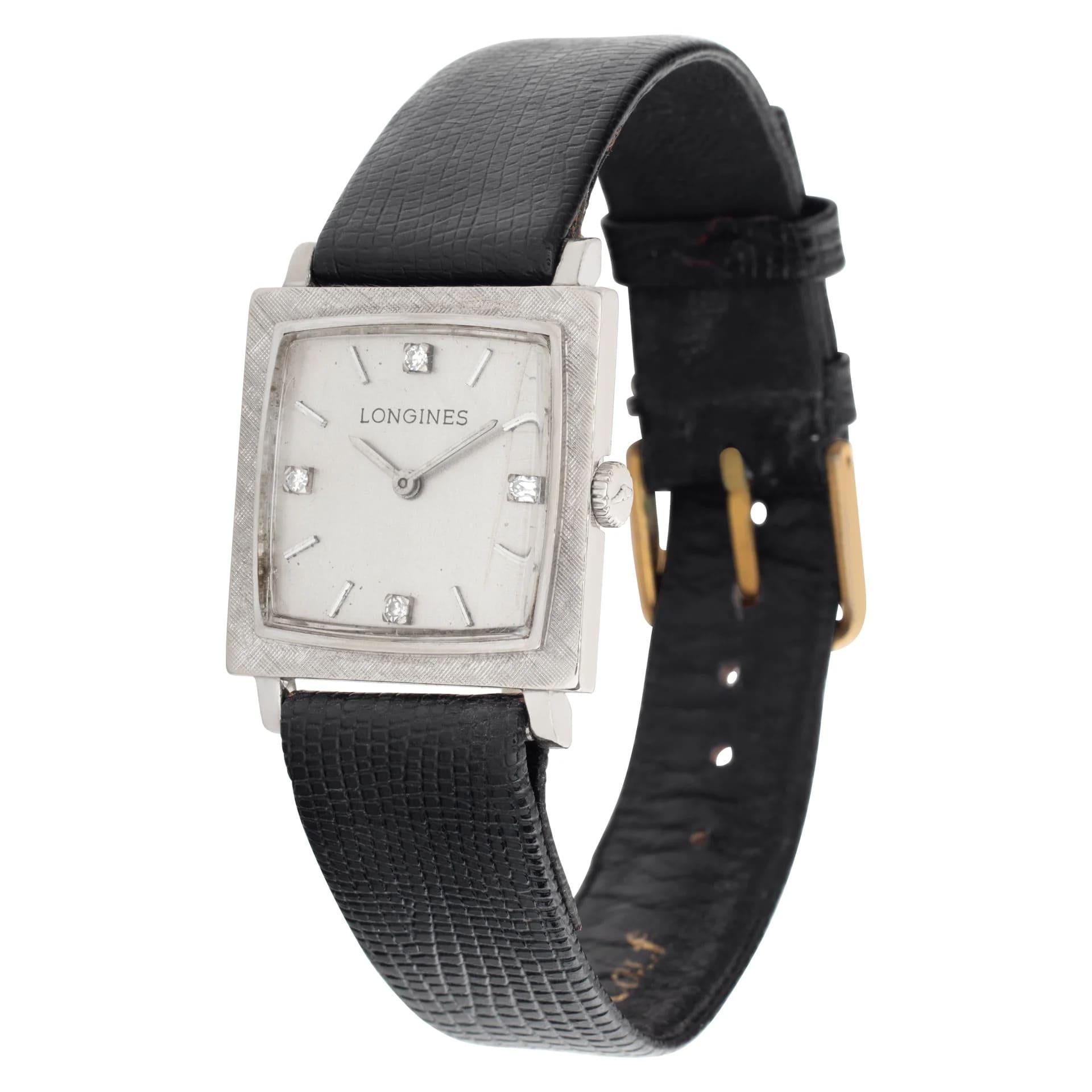 Vintage Longines Square Classic with diamond dial  in 14k white gold on black lizard band with stainless steel tang buckle. Manual. Circa 1960s. Fine Pre-owned Longines Watch. Certified preowned Vintage Longines Classic 206 watch is made out of