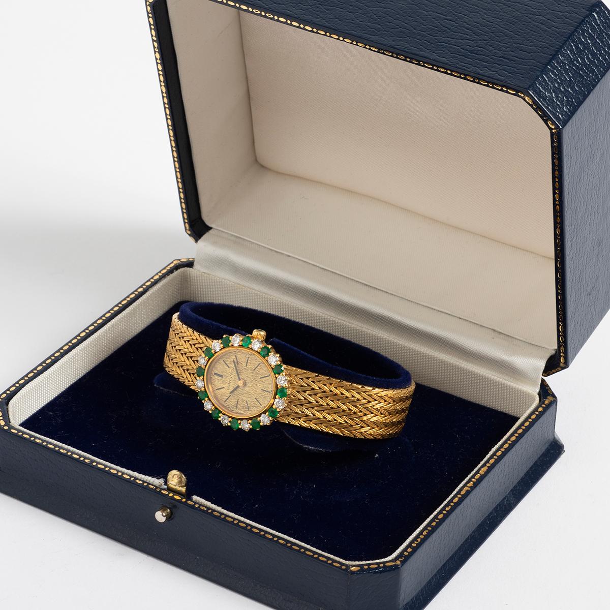 Longines Cocktail Watch, 18K Yellow Gold, 12 x Emeralds / Diamonds. Circa 1964. For Sale 3
