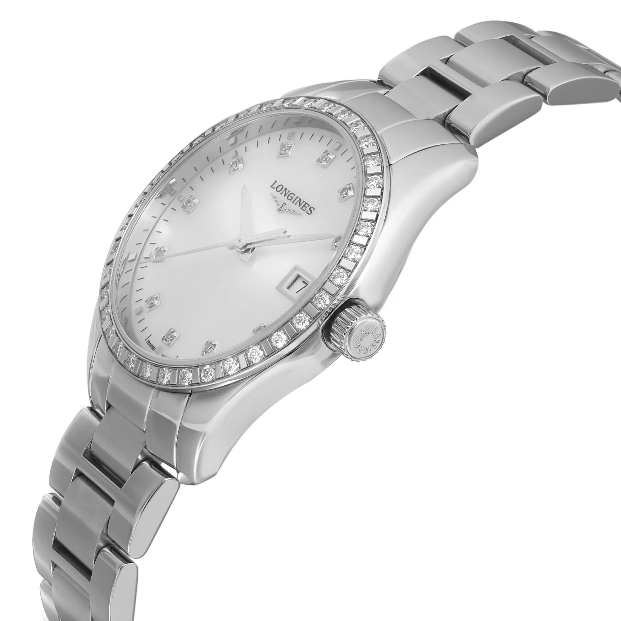 Longines Conquest 34mm Steel MOP Diamond Dial Quartz Ladies Watch L2.386.0.87.6 In New Condition For Sale In New York, NY