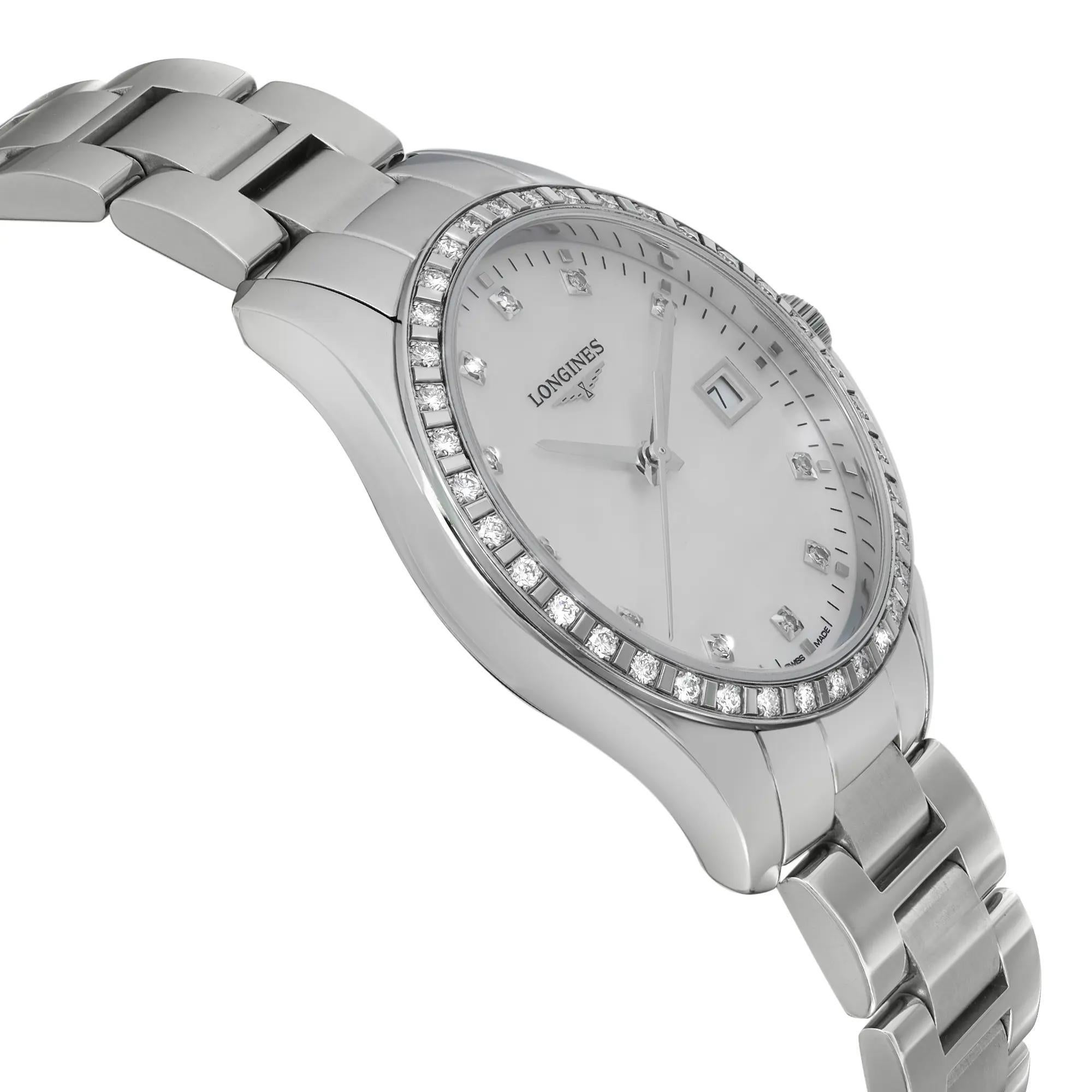 Women's or Men's Longines Conquest 34mm Steel MOP Diamond Dial Quartz Ladies Watch L2.386.0.87.6 For Sale