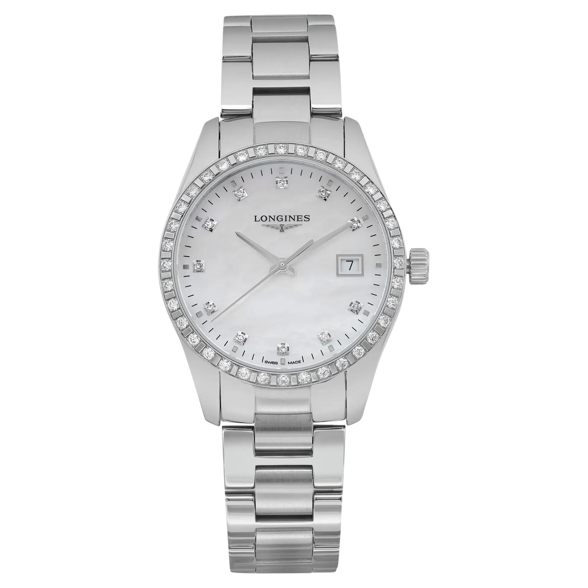 Longines Conquest 34mm Steel MOP Diamond Dial Quartz Ladies Watch L2.386.0.87.6 For Sale