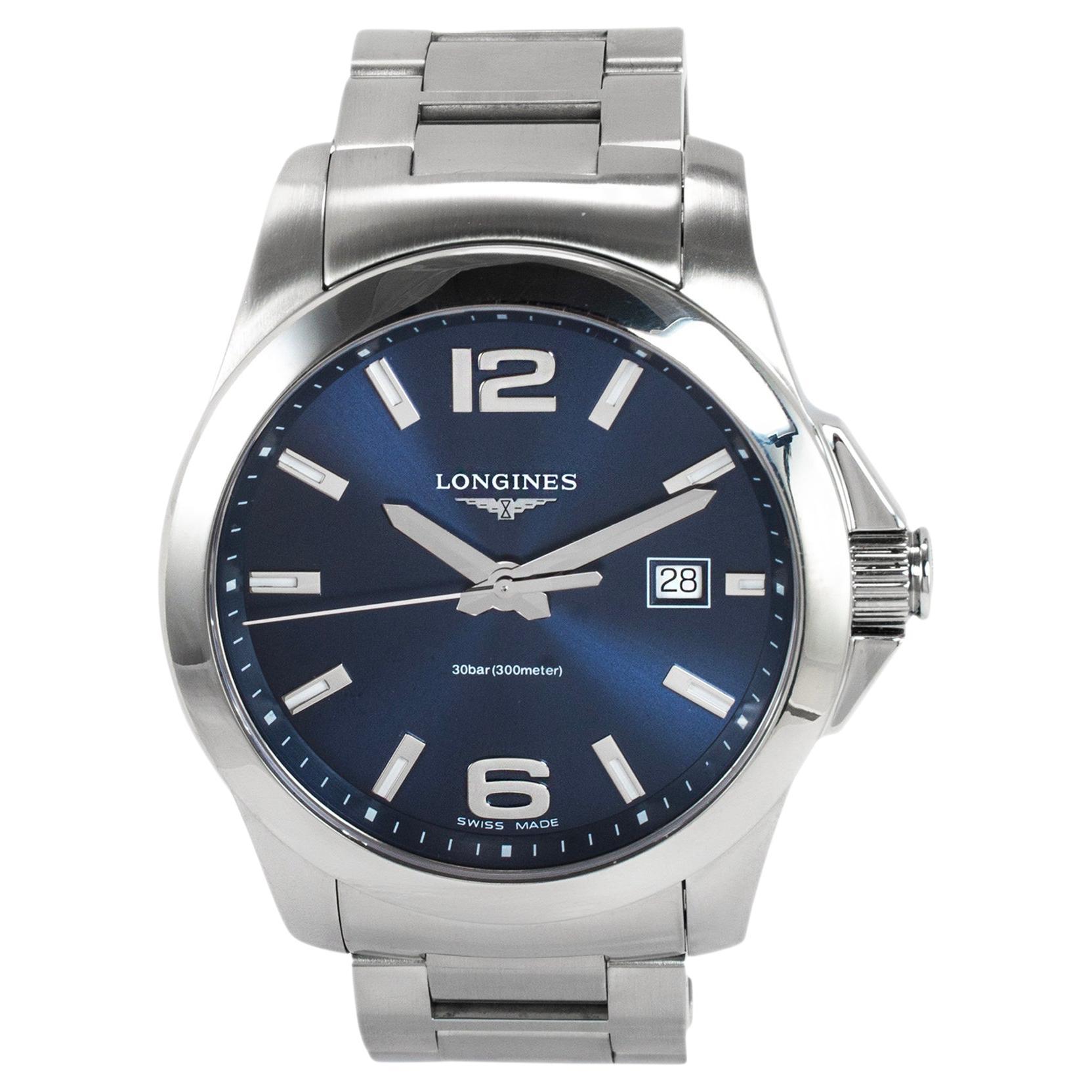 Longines Conquest 41MM L3.759.4 Blue Dial 300M Quartz Stainless Steel Watch